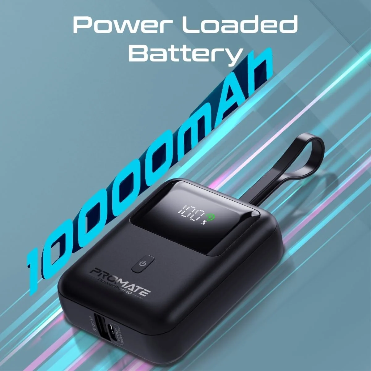 پاور بانک پرومیت، شارژر قابل حمل جمع و جور 10000 میلی آمپر ساعتی، کابل USB-C 35 واتی داخلی، پورت USB-C با توان 35 وات و پورت USB-A QC 3.0 با توان 18 وات برای آیفون 17، گلکسی S25، مدل POWERPOD-10.BLACK