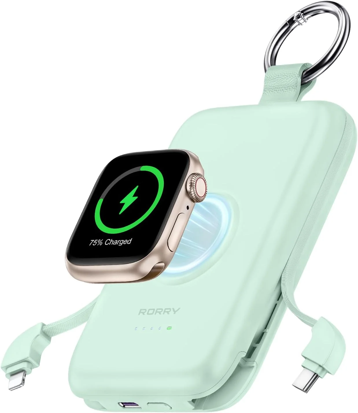 پاور بانک RORRY، 10000 میلی آمپر ساعت PD 20W فوق العاده نازک با کابل شارژ USB-C/iOS برای آیفون 15 پرو مکس/14 پرو/13/12 سامسونگ شیائومی و اپل واچ اولترا/9/8/7/6/5/4 و سری ایرپاد
