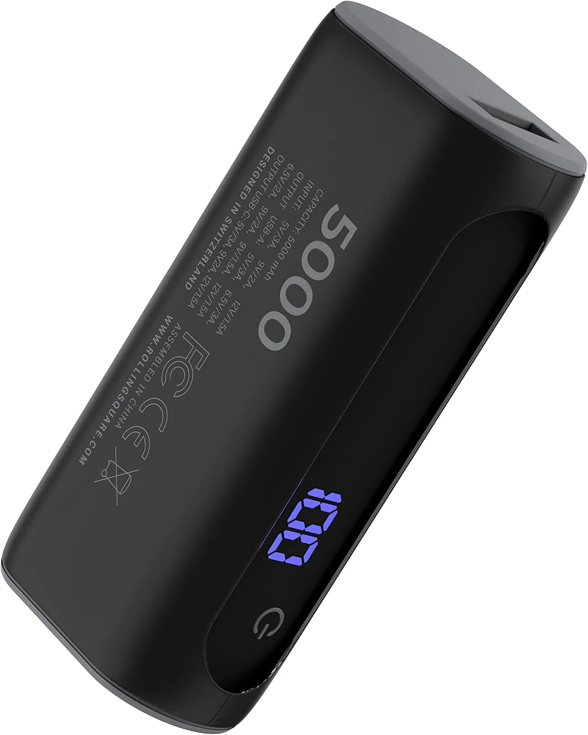 پاور بانک رولینگ اسکوئر - 5000 میلی آمپر ساعت شامل پورت های USB A و USB C با توان 30 وات و نمایش وضعیت شارژ (مشکی)
