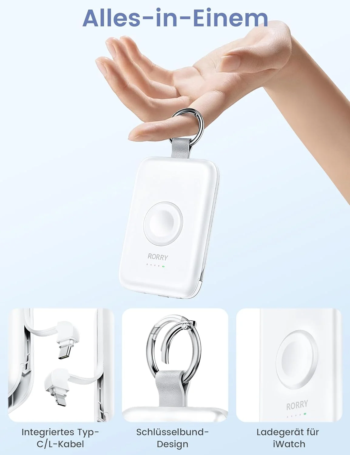 پاور بانک RORRY، 10000 میلی آمپر ساعت PD 20W فوق العاده نازک با کابل شارژ USB-C/iOS برای آیفون 15 پرو مکس/14 پرو/13/12 سامسونگ شیائومی و اپل واچ اولترا/9/8/7/6/5/4 و سری ایرپاد