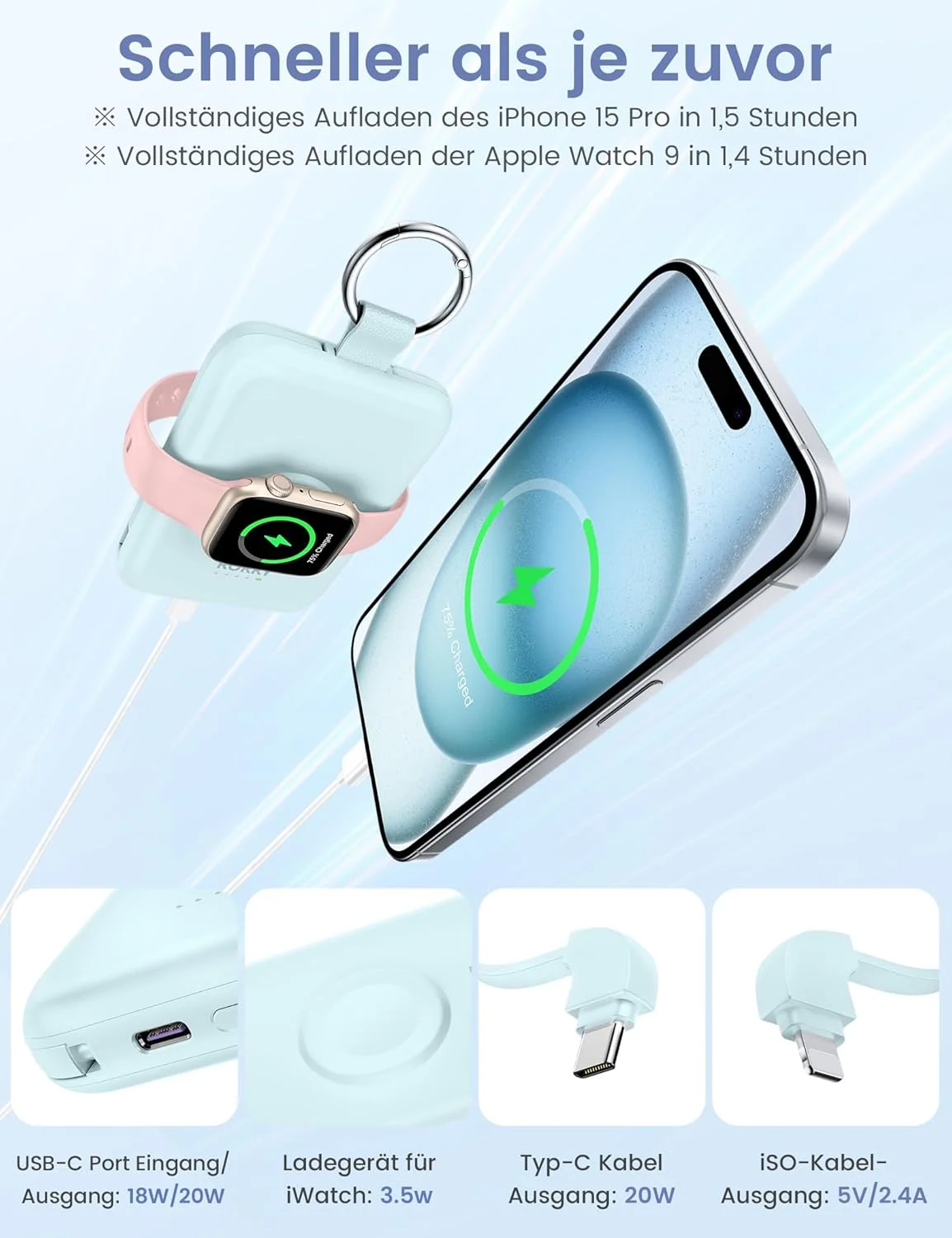 پاور بانک RORRY، 10000 میلی آمپر ساعت PD 20W فوق العاده نازک با کابل شارژ USB-C/iOS برای آیفون 15 پرو مکس/14 پرو/13/12 سامسونگ شیائومی و اپل واچ اولترا/9/8/7/6/5/4 و سری ایرپاد