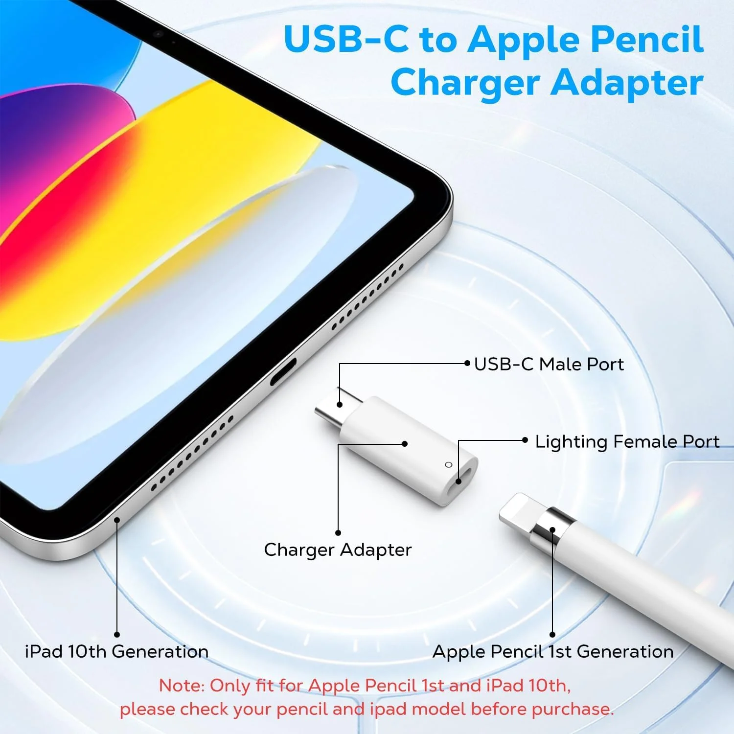 آداپتور USB C به قلم سازگار با قلم نسل اول، آداپتور شارژ USB-C به کانکتور لایتنینگ برای آیپد 11 نسل 10، اتصال بلوتوث نر به ماده برای قلم