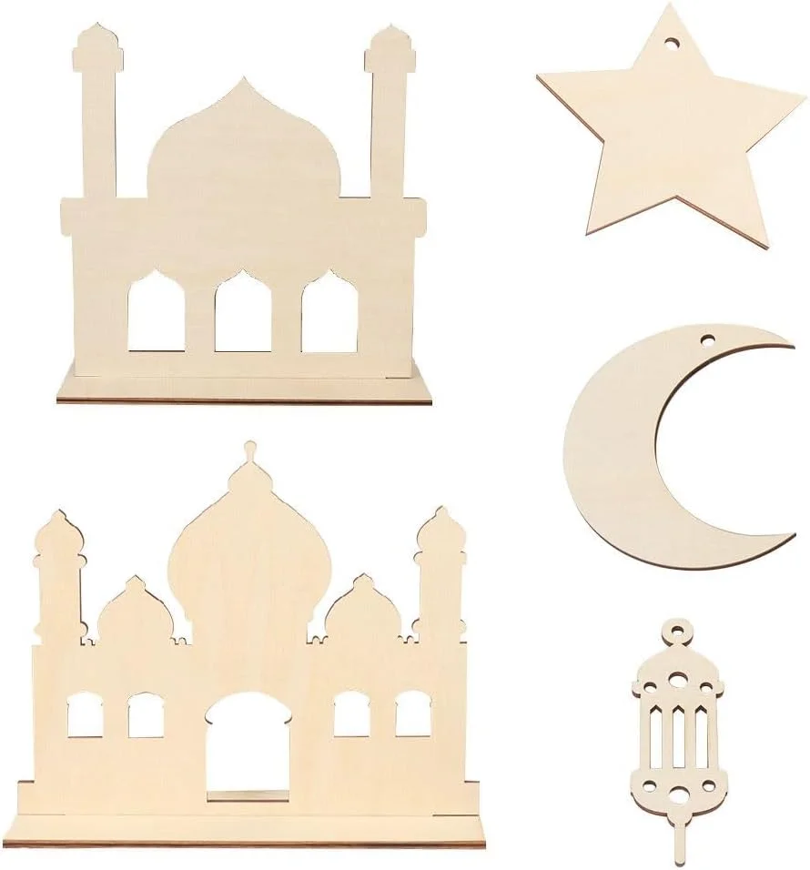 تزئینات چوبی هوشمند رمضان برای استفاده در منزل | نوار تزئینی چوبی رمضان به شکل مسجد، هلال، ستاره و فانوس با 6 قلم رنگ آمیزی برای رنگ آمیزی اشکال به دلخواه شما.