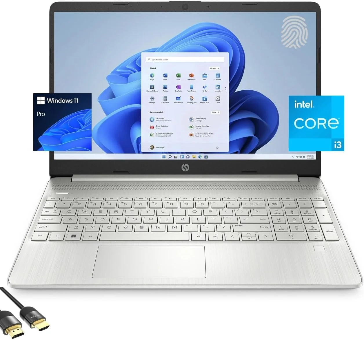 لپ تاپ HP 15 مناسب برای کار و دانشجو، صفحه نمایش 15.6 اینچی FHD Micro-Edge، پردازنده Intel Core i3-1215U تا 4.40 گیگاهرتز، 16 گیگابایت رم، 512 گیگابایت NVMe SSD، وب کم 720p، نامپد، USB-C، Wi-Fi، FP Reader، PDG HDMI، ویندوز 11 پرو