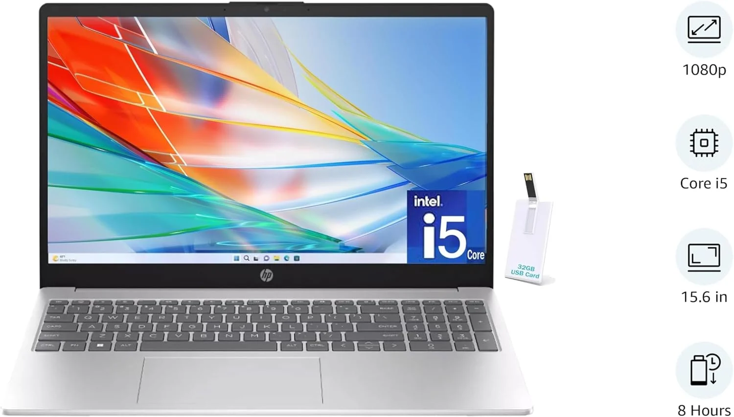 لپ تاپ 15.6 اینچی HP، نسل سیزدهم پردازنده Intel Core i5-1335U، رم 16 گیگابایتی، SSD 512 گیگابایتی، صفحه نمایش FHD ضد تابش نور، وب کم، صفحه کلید عددی، Wi-Fi، بلوتوث، HDMI، کارت USB 32 گیگابایتی، ویندوز 11 - نقره ای (نسخه ایالات متحده)