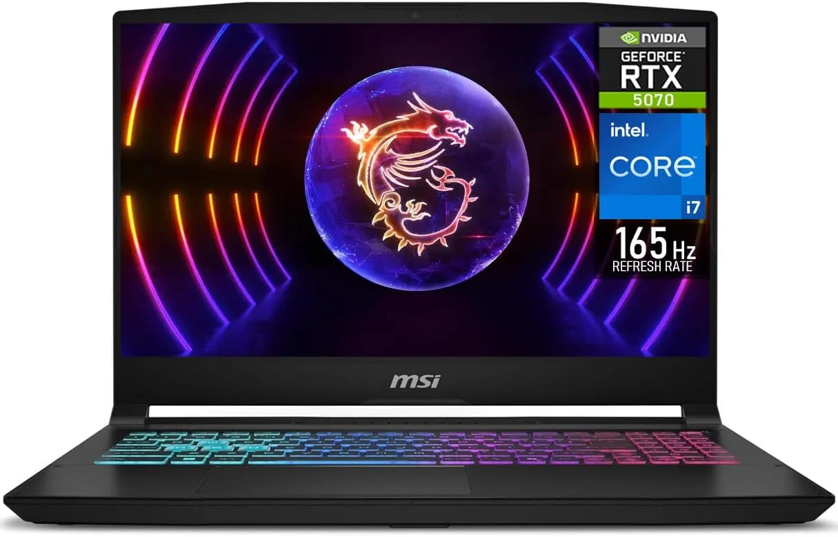 لپ تاپ گیمینگ MSI KATANA 15HX نسل 14 با پردازنده i7-14650HX، رم 16 گیگابایت DDR5، حافظه SSD 1 ترابایت، صفحه نمایش 15.6 اینچی (QHD، 2560x1440) 165 هرتز، کارت گرافیک NVIDIA RTX 5070/8GB، کیبورد با نور پس زمینه RGB 4 ناحیه، مشکی، ویندوز 11، کیبورد انگلیسی