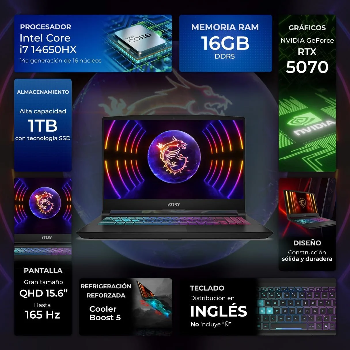 لپ تاپ گیمینگ MSI KATANA 15HX نسل 14 با پردازنده i7-14650HX، رم 16 گیگابایت DDR5، حافظه SSD 1 ترابایت، صفحه نمایش 15.6 اینچی (QHD، 2560x1440) 165 هرتز، کارت گرافیک NVIDIA RTX 5070/8GB، کیبورد با نور پس زمینه RGB 4 ناحیه، مشکی، ویندوز 11، کیبورد انگلیسی - تصویر 2 لپ تاپ گیمینگ MSI KATANA 15HX نسل 14 با پردازنده i7-14650HX، رم 16 گیگابایت DDR5، حافظه SSD 1 ترابایت، صفحه نمایش 15.6 اینچی (QHD، 2560x1440) 165 هرتز، کارت گرافیک NVIDIA RTX 5070/8GB، کیبورد با نور پس زمینه RGB 4 ناحیه، مشکی، ویندوز 11، کیبورد انگلیسی - تصویر 2