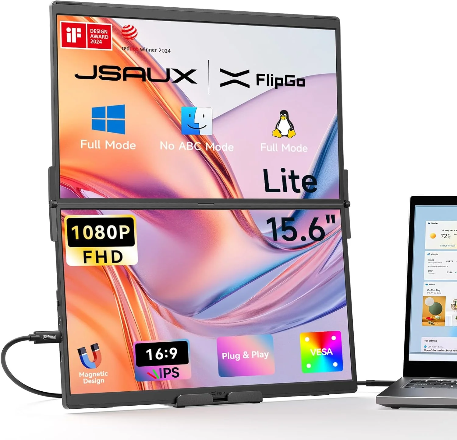 مانیتور پرتابل دوگانه JSAUX FlipGo Lite با صفحه نمایش 15.6 اینچی IPS، توسعه دهنده صفحه نمایش لپ تاپ 1080P FHD با هاب داخلی، طراحی مغناطیسی، کابل تکی برای راه اندازی مانیتور سه گانه - ایده آل برای سفر و تجارت