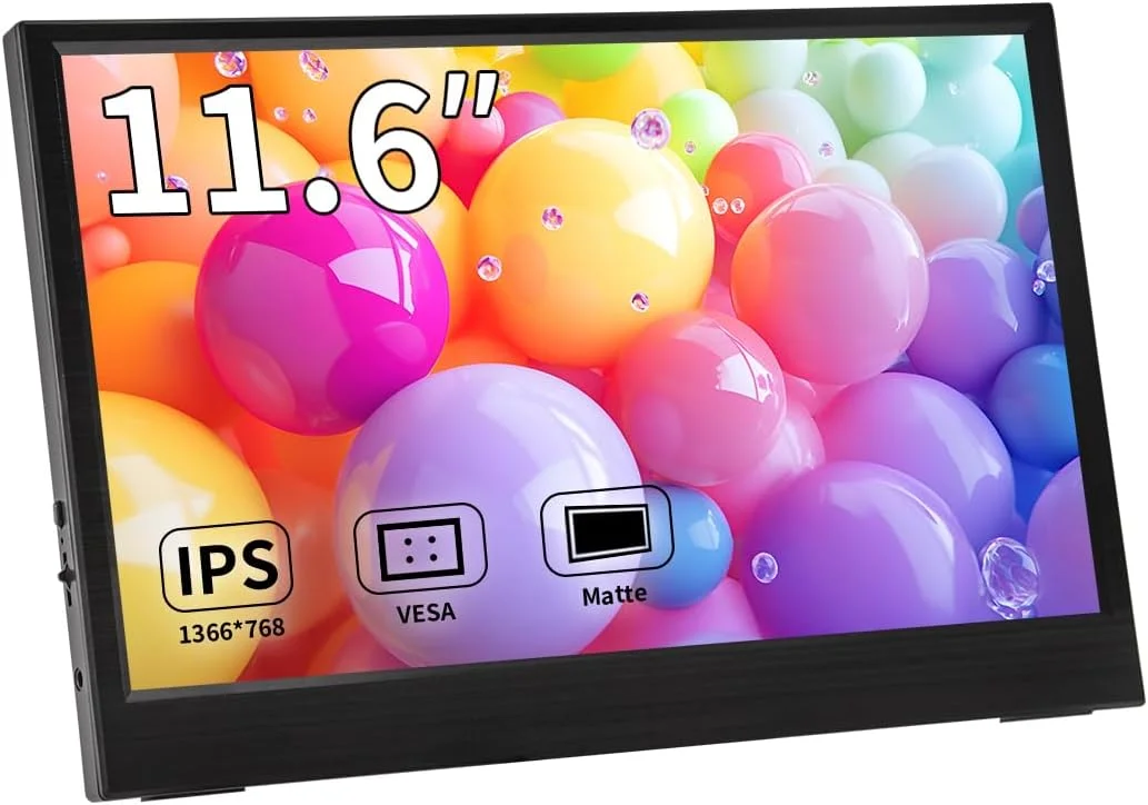 مانیتور قابل حمل ۱۱.۶ اینچی، صفحه نمایش IPS HD ۱۳۶۶x۷۶۸ کوچک، USB-C دوگانه، صفحه نمایش خارجی کم مصرف برای لپ تاپ PC مک سوئیچ رسپبری پای ایکس باکس، مانیتور دوم سبک وزن با پایه