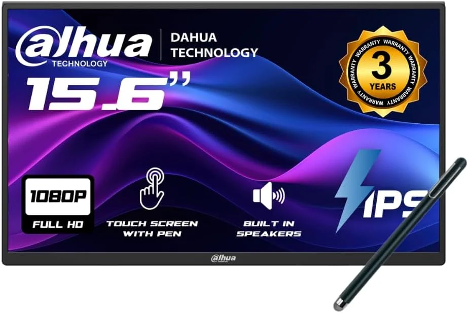مانیتور لمسی قابل حمل 15.6 اینچی FHD داهوا با قلم و پایه، IPS فوق باریک 1920×1080، دو پورت USB-C و HDMI، بلندگوهای داخلی، VESA، آلومینیومی – سازگار با PC، لپ تاپ، مک بوک، ایکس باکس