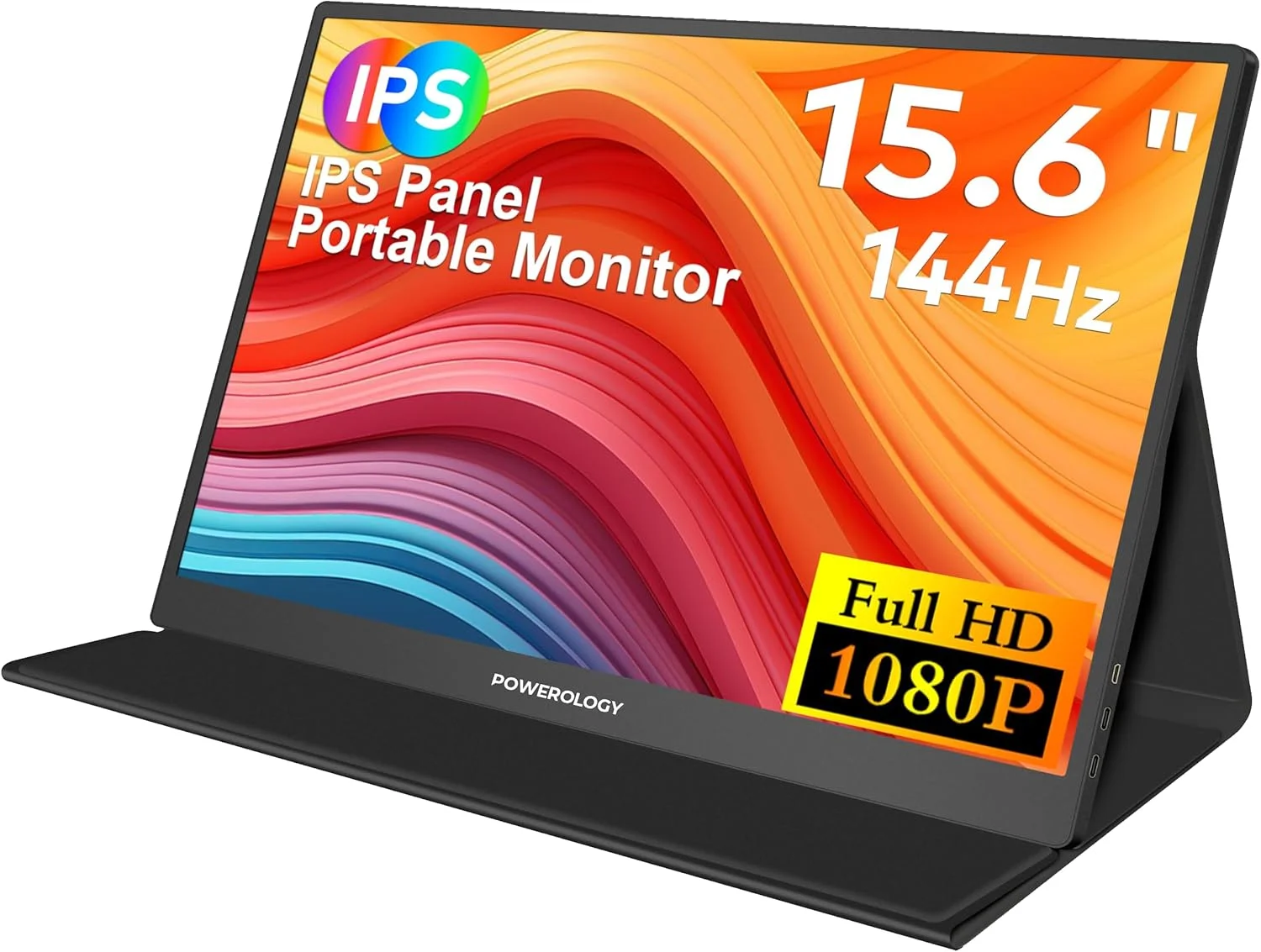 مانیتور قابل حمل فوق باریک پاورولوژی 15.6 اینچ، 144 هرتز، رزولوشن 1920×1080، بلندگوهای فراگیر، زاویه دید 178 درجه، 100% sRGB، پنل صفحه نمایش IPS، درگاه Mini HDMI/جک 3.5 میلی‌متری/ 2 درگاه USB-C - مشکی