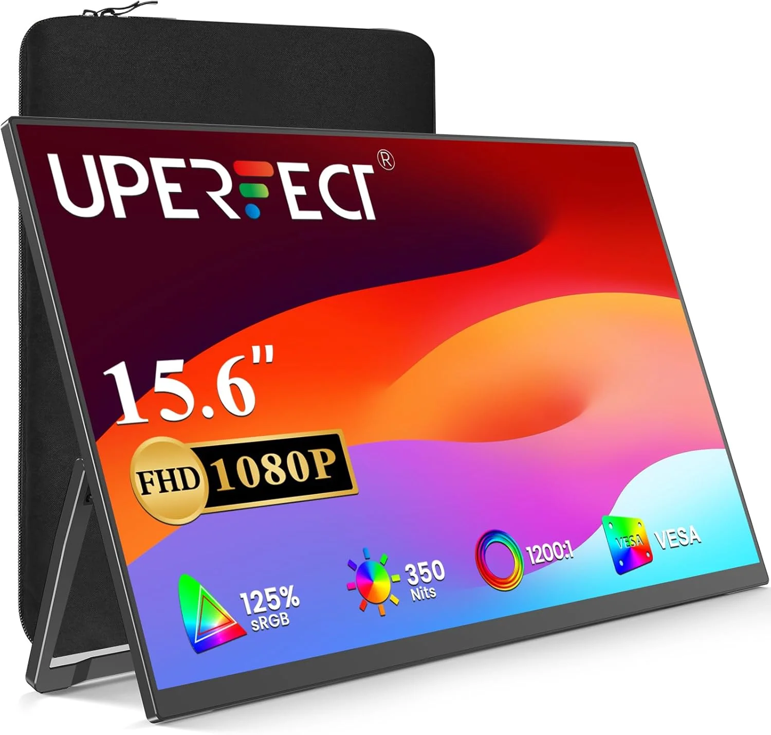 مانیتور قابل حمل UPERFECT 15.6 اینچ، 125% sRGB 1080P FHD، اتصال آسان، پایه قابل تنظیم 180 درجه VESA و روشنایی 350 نیت، مانیتور فوق باریک USB-C HDMI برای لپ تاپ، تلفن، کامپیوتر، کنسول بازی