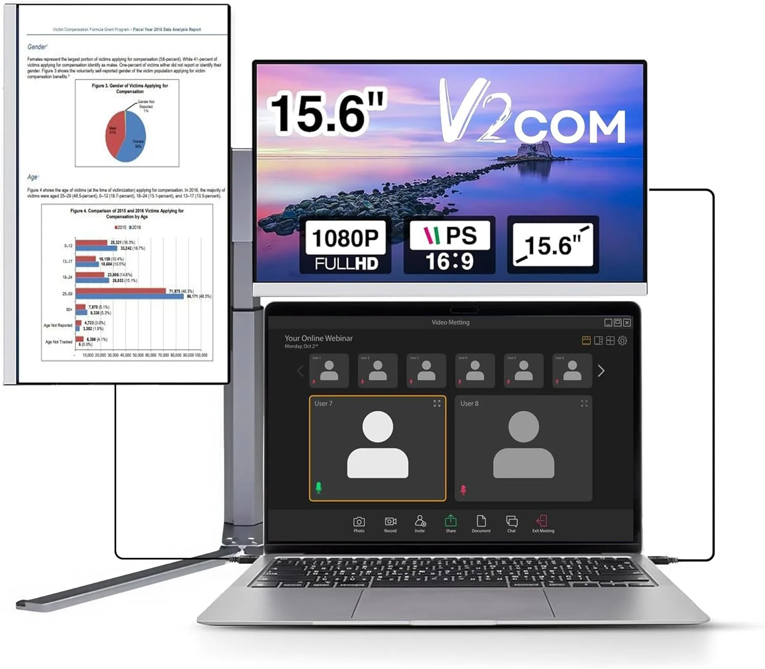 نمایشگر سه گانه قابل حمل 15.6 اینچی V2COM برای لپ تاپ، توسعه دهنده صفحه نمایش فوق العاده نازک IPS با حاشیه باریک، سازگار با مک، ویندوز و کروم - ایده آل برای انجام چند کار، مناسب برای اکثر لپ تاپ ها