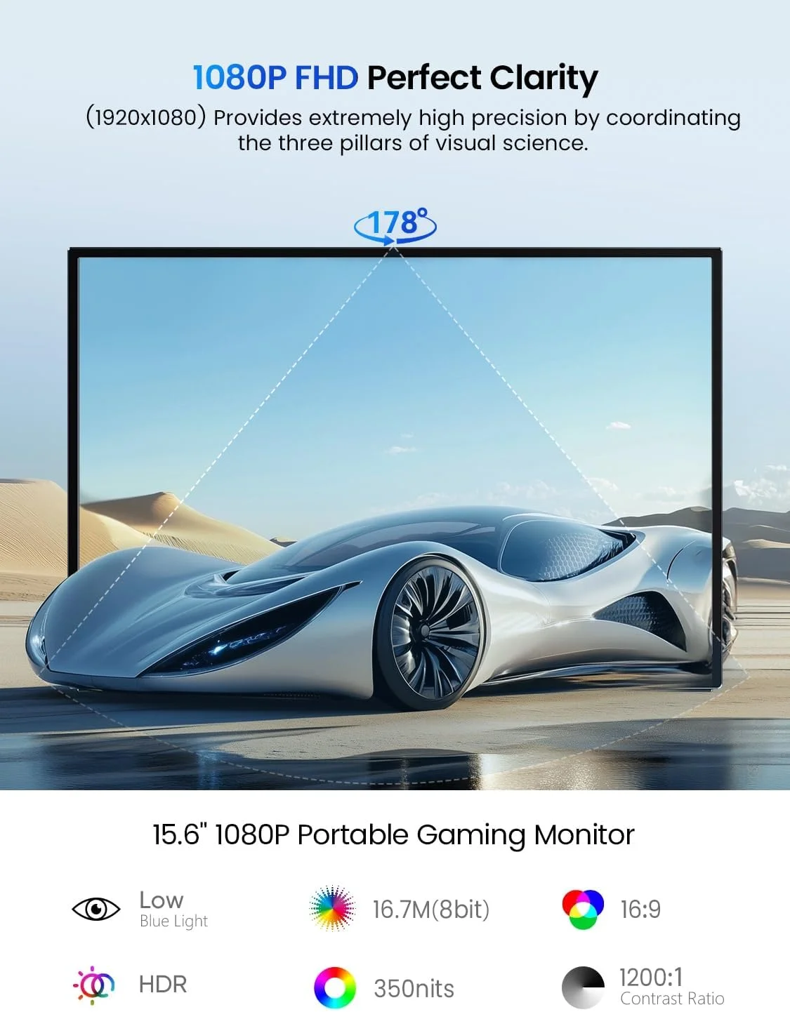 مانیتور قابل حمل UPERFECT 15.6 اینچ، 125% sRGB 1080P FHD، اتصال آسان، پایه قابل تنظیم 180 درجه VESA و روشنایی 350 نیت، مانیتور فوق باریک USB-C HDMI برای لپ تاپ، تلفن، کامپیوتر، کنسول بازی
