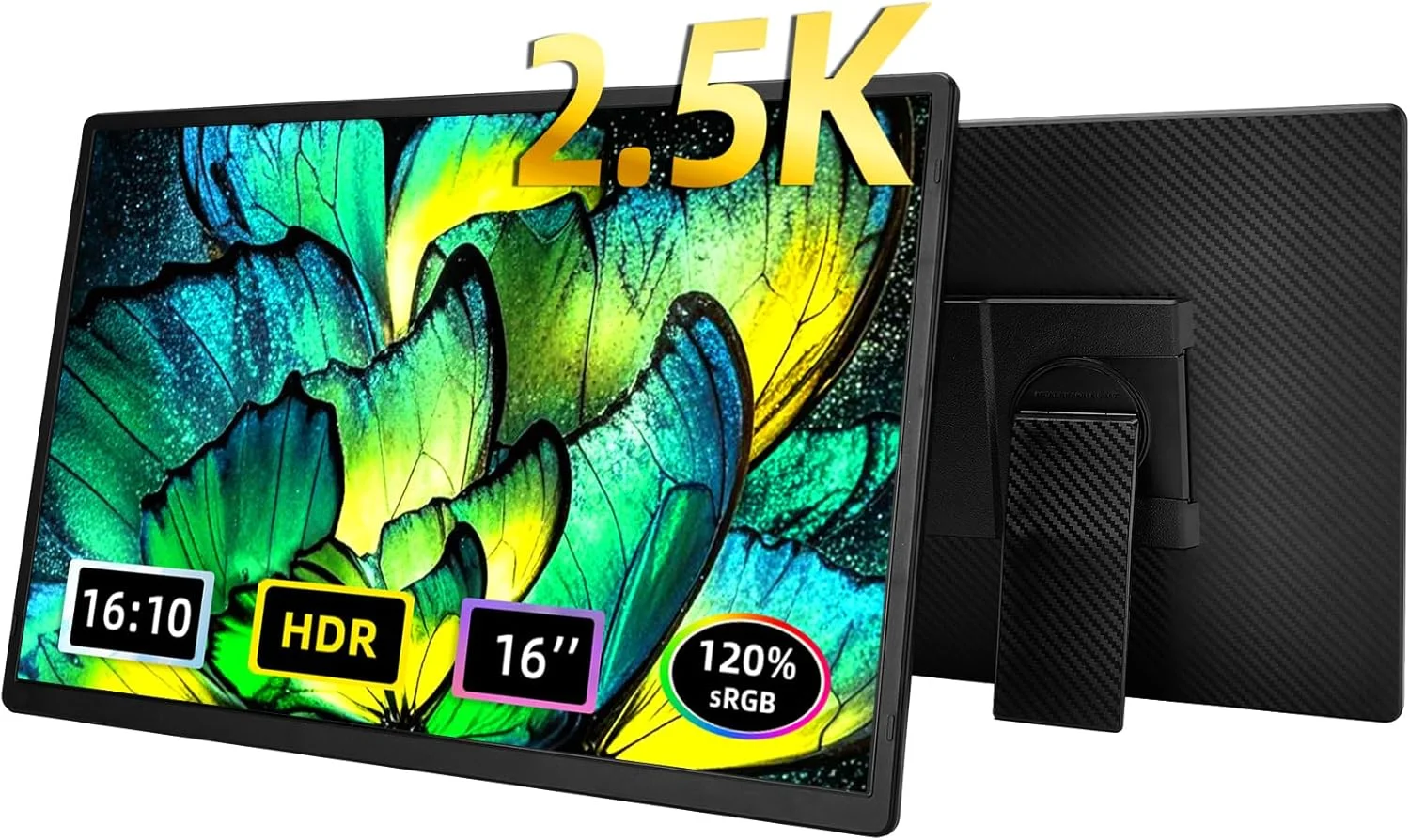 مانیتور قابل حمل 2.5K برای لپ تاپ - صفحه نمایش اکسترنال 16 اینچی QHD با رنگ گسترده 120% sRGB HDR HDMI USB C مناسب سفر، مانیتور گیمینگ برای کامپیوتر، PC، تلفن و کنسول بازی با پایه