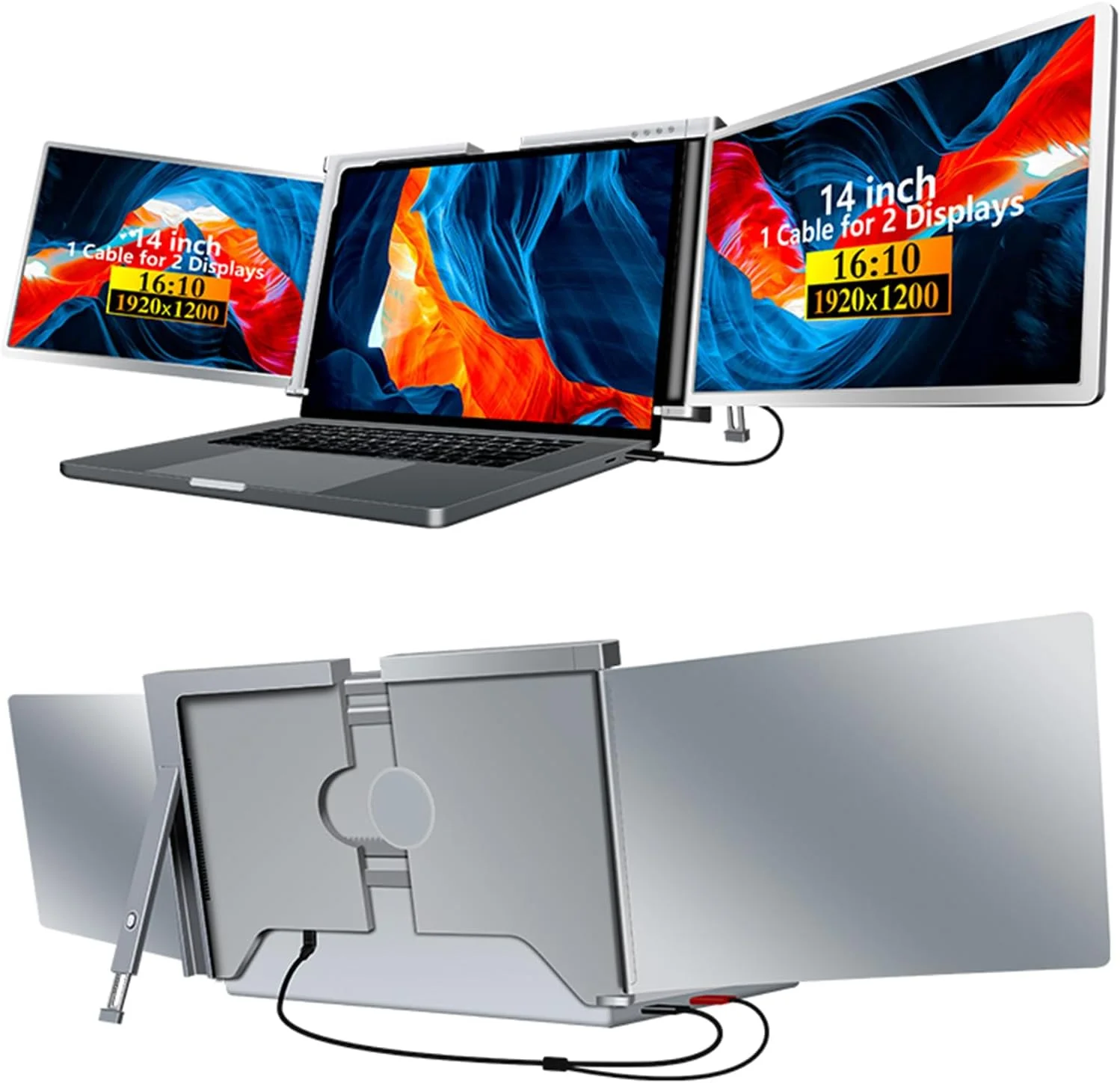 مانیتور سه گانه قابل حمل Docooler برای لپ تاپ، توسعه دهنده صفحه نمایش دوگانه 14 اینچی FHD 1080P IPS با 1 کابل برای 2 نمایشگر، اتصال و پخش برای ویندوز/MacOS 15 تا 17.3 اینچی
