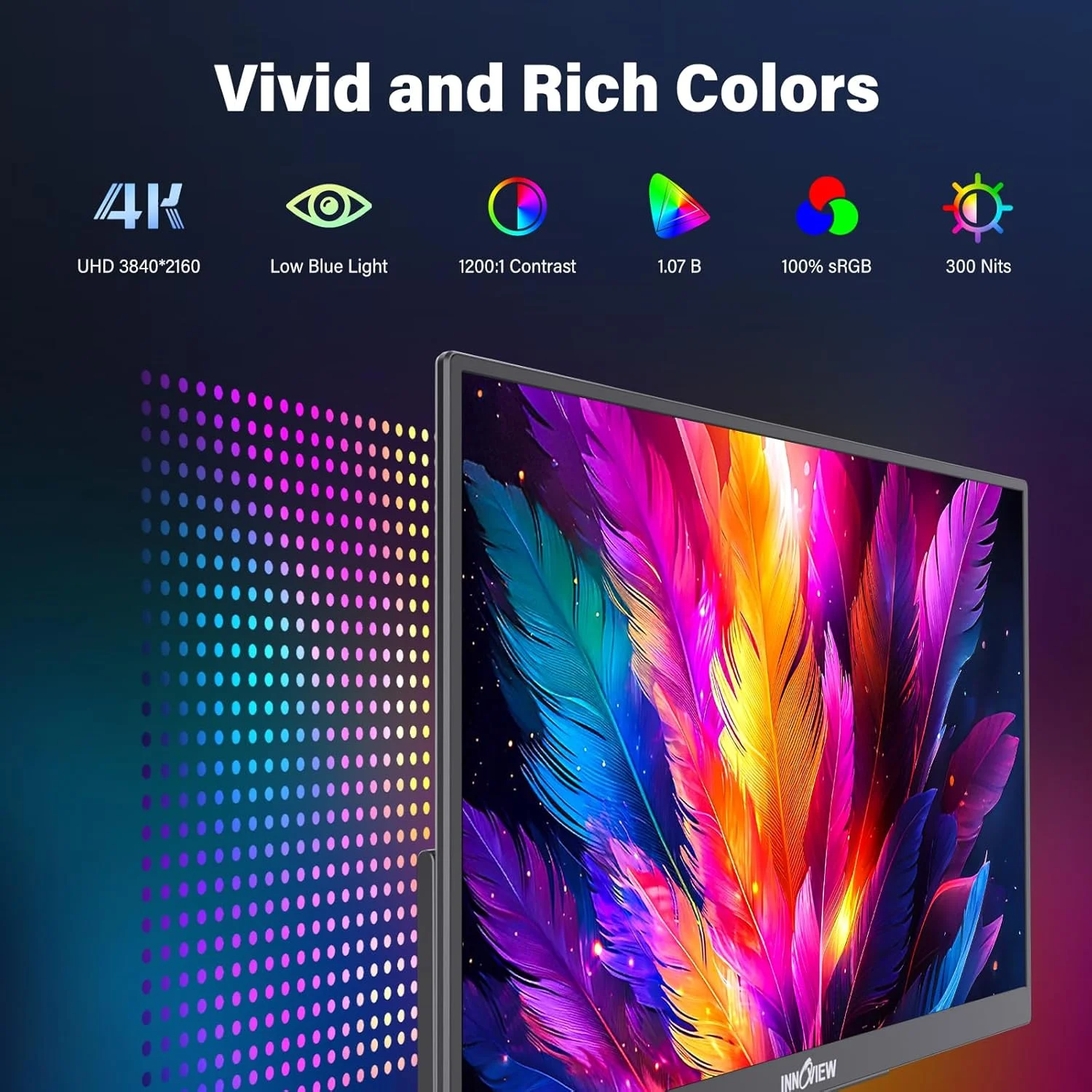مانیتور قابل حمل InnoView 15.6 اینچ 4K UHD 3840x2160 | 100% sRGB HDR | مانیتور مسافرتی با 2 پورت USB-C و HDMI | صفحه نمایش دوم برای لپ تاپ مک PC ایکس باکس PS5 سوییچ (شامل آداپتور)