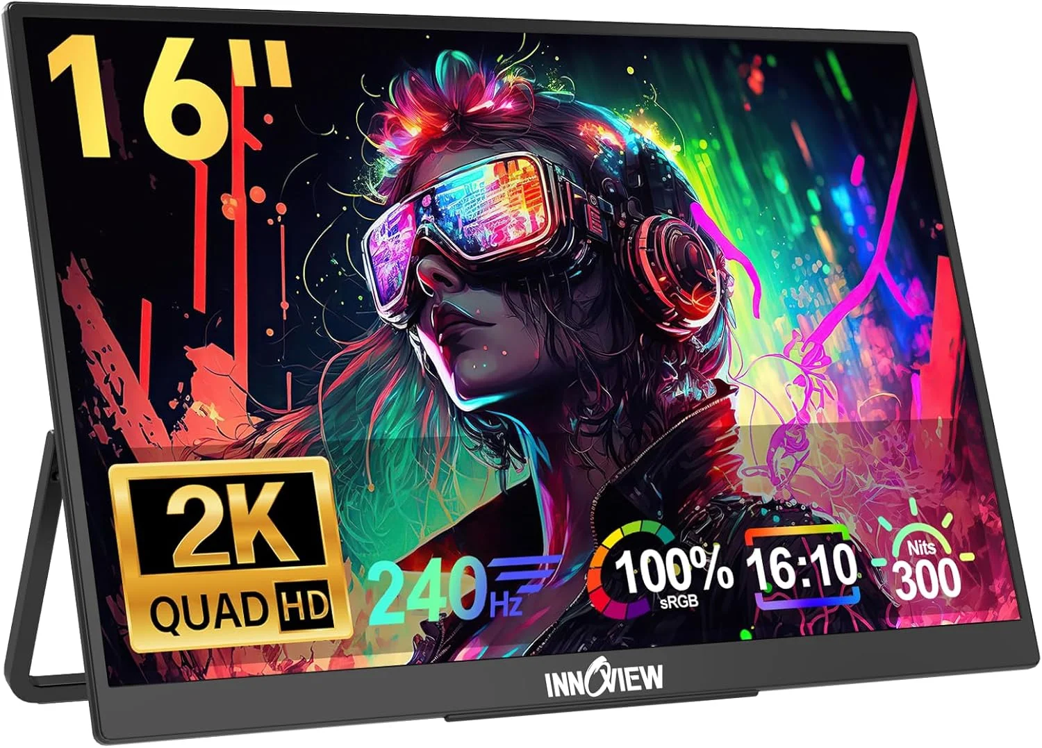 مانیتور گیمینگ قابل حمل 16 اینچی InnoView با کیفیت 2K و نرخ تازه سازی 240 هرتز، پوشش 133% Srgb، دارای پایه قابل تنظیم 180 درجه، پورت Type C، پورت Hdmi، فناوری محافظت از چشم، صفحه نمایش دوم برای PS4، PS5، Switch
