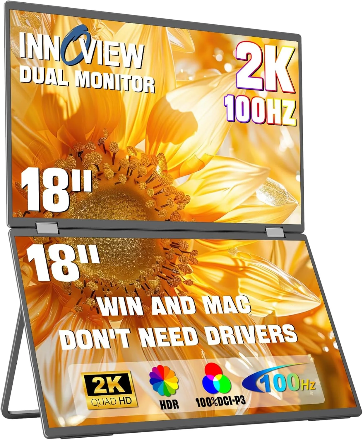مانیتور قابل حمل دوگانه 18 اینچی InnoView 2K 100Hz با پوشش 100% DCI-P3، توسعه دهنده صفحه نمایش 315 درجه قابل تنظیم برای لپ تاپ های ویندوز و مک با بلندگو، Type-C HDMI DP تاشو 2560x1600 (بدون نیاز به درایور)