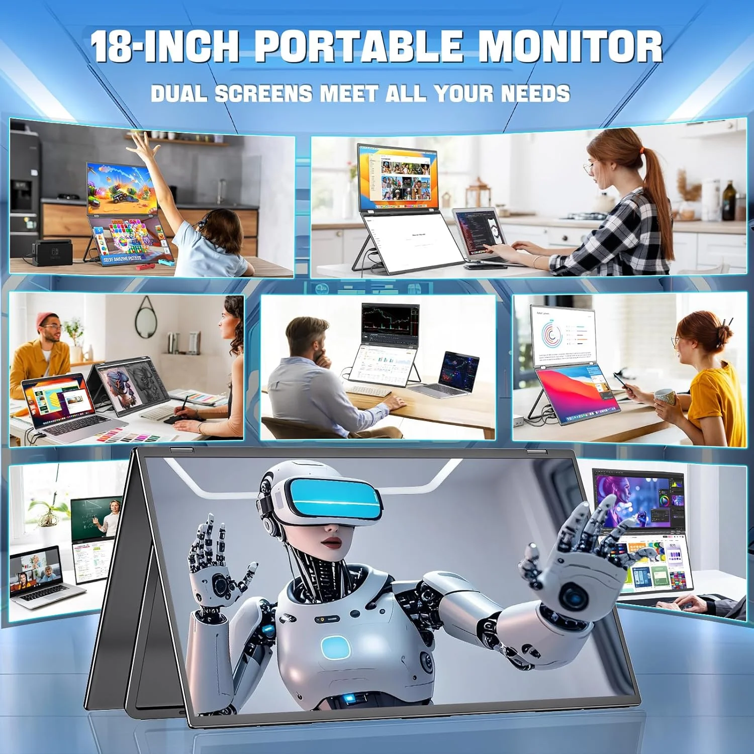مانیتور قابل حمل دوگانه 18 اینچی InnoView 2K 100Hz با پوشش 100% DCI-P3، توسعه دهنده صفحه نمایش 315 درجه قابل تنظیم برای لپ تاپ های ویندوز و مک با بلندگو، Type-C HDMI DP تاشو 2560x1600 (بدون نیاز به درایور)