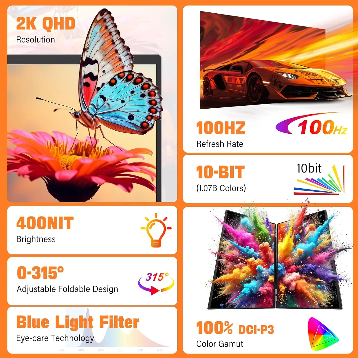 مانیتور قابل حمل دوگانه 18 اینچی InnoView 2K 100Hz با پوشش 100% DCI-P3، توسعه دهنده صفحه نمایش 315 درجه قابل تنظیم برای لپ تاپ های ویندوز و مک با بلندگو، Type-C HDMI DP تاشو 2560x1600 (بدون نیاز به درایور)