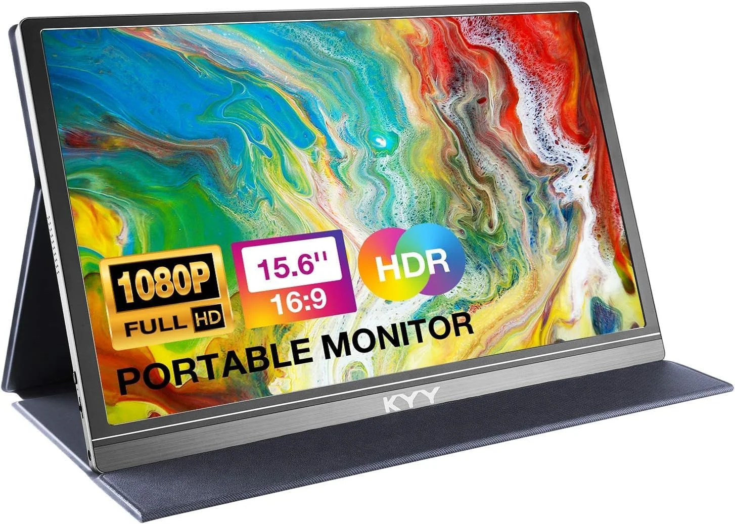 مانیتور قابل حمل 15.6 اینچی KYY FHD 1080P، نمایشگر فوق باریک IPS با پورت USB C و HDMI، دارای کاور هوشمند و بلندگو، مناسب برای لپ تاپ، کامپیوتر، تلفن، مک، ایکس باکس PS5/PS4