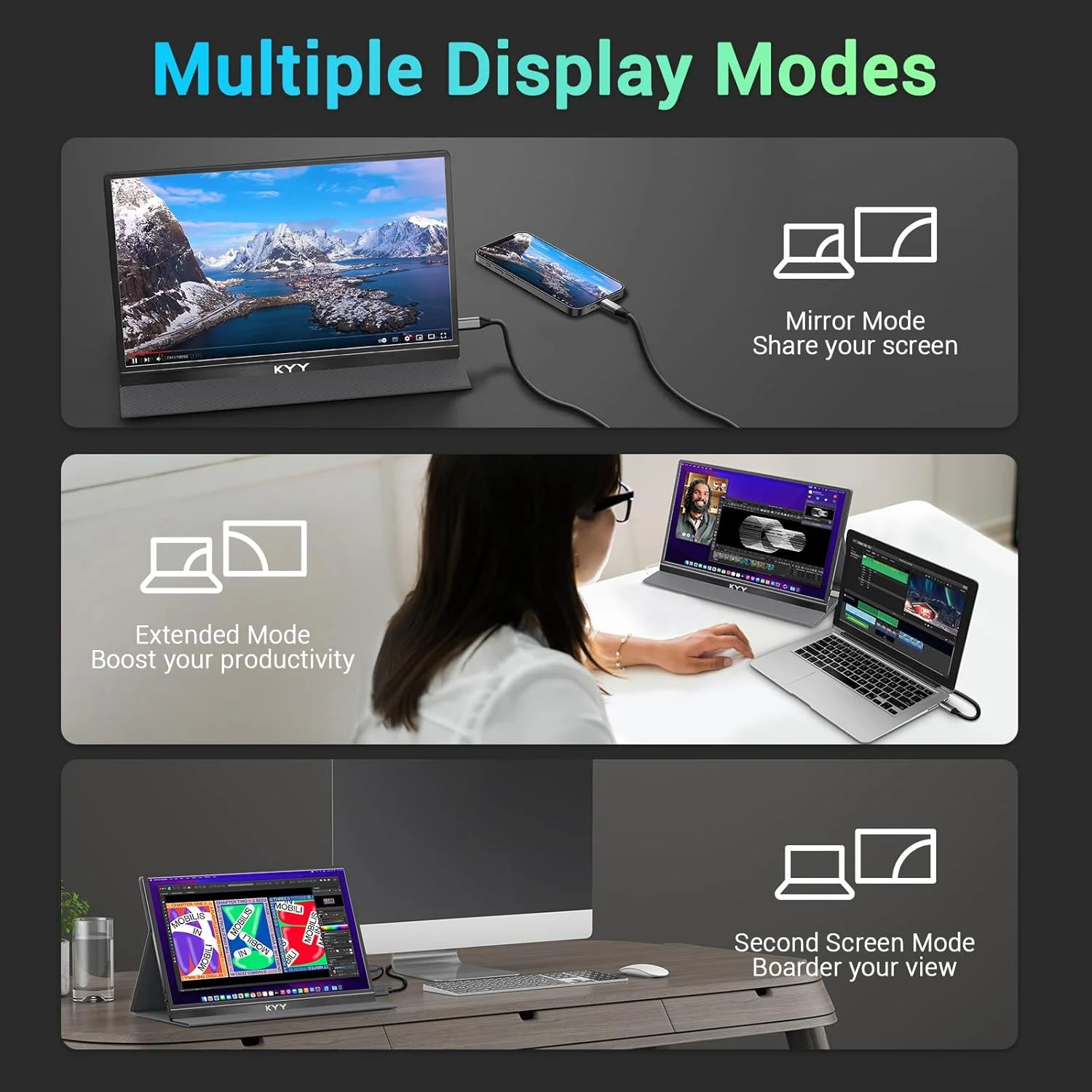 مانیتور قابل حمل 15.6 اینچی KYY FHD 1080P، نمایشگر فوق باریک IPS با پورت USB C و HDMI، دارای کاور هوشمند و بلندگو، مناسب برای لپ تاپ، کامپیوتر، تلفن، مک، ایکس باکس PS5/PS4