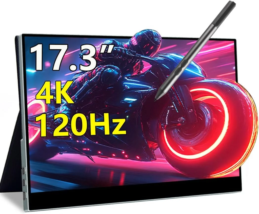 مانیتور لمسی قابل حمل 17.3 اینچی 4K با نرخ 120 هرتز، مانیتور موبایل 100% P3 با قابلیت ضد انعکاس و محافظت از چشم، پشتیبانی از قلم MPP، USB C و Mini HDMI برای کنسول بازی، لپ تاپ، مک و کامپیوتر