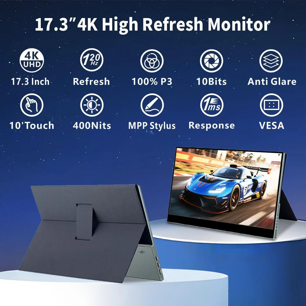 مانیتور لمسی قابل حمل 17.3 اینچی 4K با نرخ 120 هرتز، مانیتور موبایل 100% P3 با قابلیت ضد انعکاس و محافظت از چشم، پشتیبانی از قلم MPP، USB C و Mini HDMI برای کنسول بازی، لپ تاپ، مک و کامپیوتر