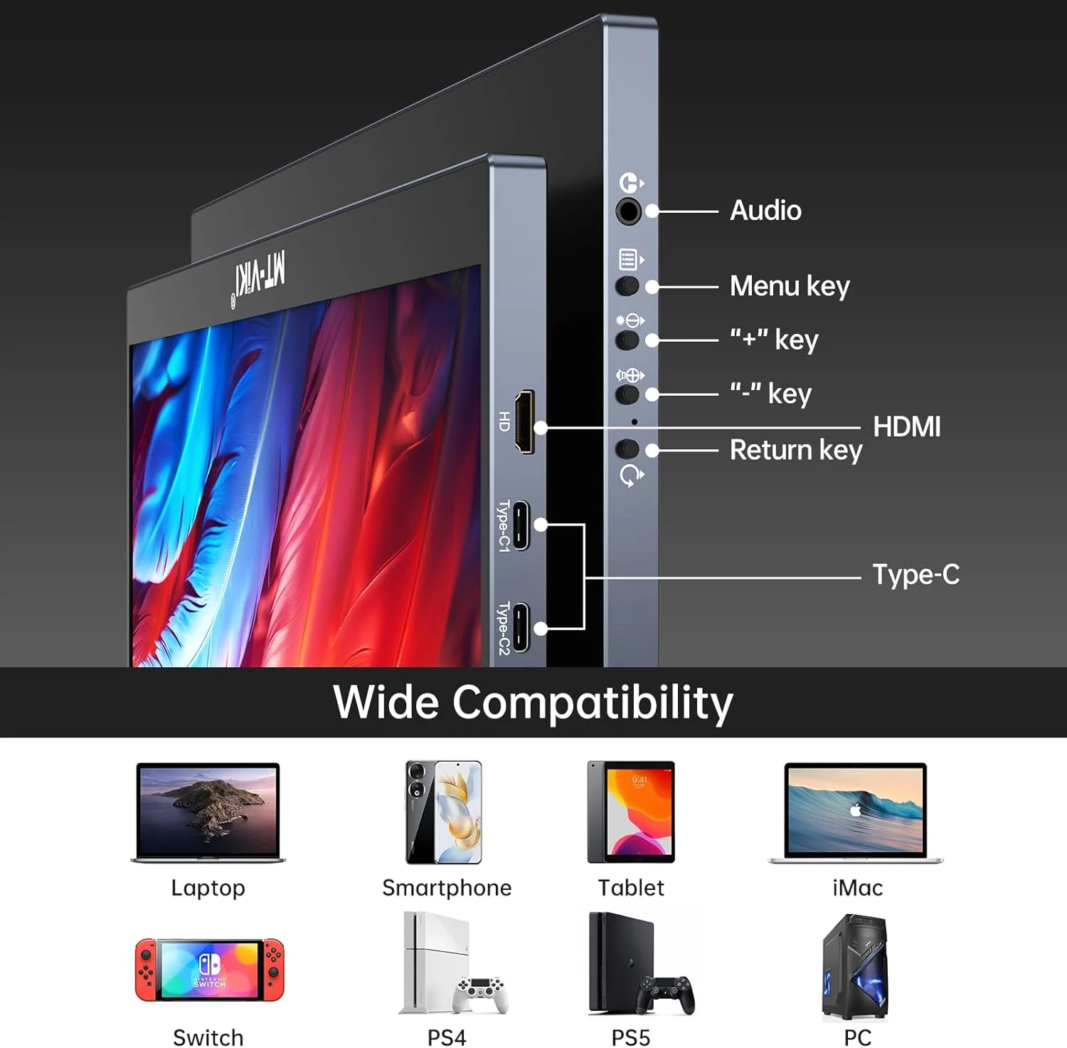 مانیتور قابل حمل 15.6 اینچی MT-VIKI، رزولوشن 1920x1080 FHD IPS، صفحه نمایش قابل حمل برای لپ تاپ با پایه، صفحه نمایش دوم برای لپ تاپ/کامپیوتر/مک/PS3/4/5/Xbox