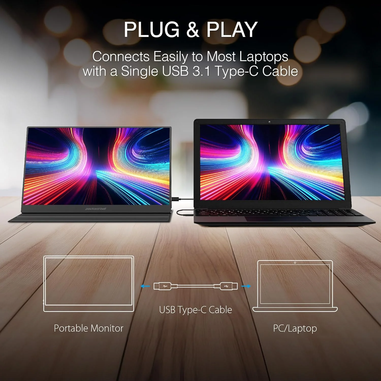 مانیتور قابل حمل 15.6 اینچی Packard Bell با کیفیت FHD 1080P – نمایشگر IPS فوق‌العاده باریک با USB-C و HDMI، کاور هوشمند و بلندگوها، HDR، اتصال آسان – مانیتور خارجی ایده‌آل برای لپ‌تاپ، کامپیوتر، تلفن و مک