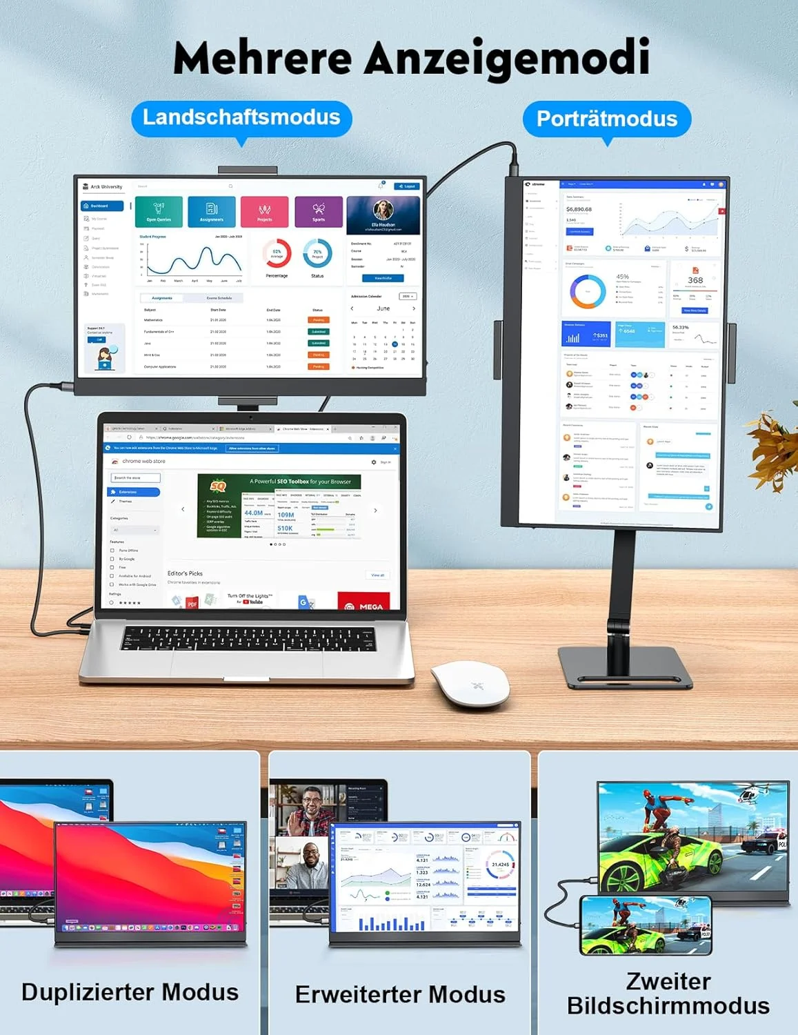 مانیتور قابل حمل 15.6 اینچی با صفحه نمایش 1080 FHD IPS، مانیتورهای HDMI USB C با بلندگو، مانیتور خارجی HDR برای لپ تاپ PC Mac X-Bo، با پایه فلزی و کیف