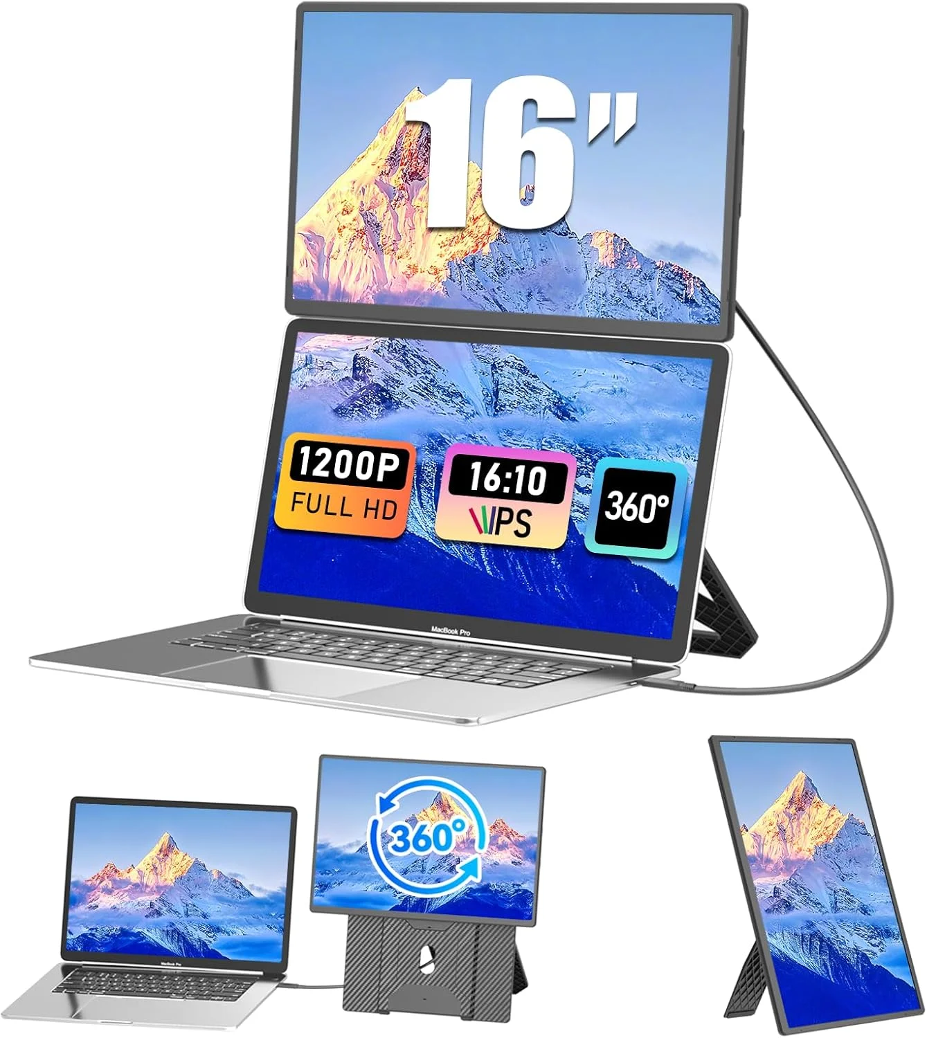 مانیتور قابل حمل، گسترش دهنده صفحه نمایش لپ تاپ 16 اینچی FHD 1200P، با پایه قابل تنظیم بالا و پایین و چرخش 360 درجه، مانیتور مسافرتی برای لپ تاپ، صفحه نمایش قابل حمل برای ویندوز/PC/Mac