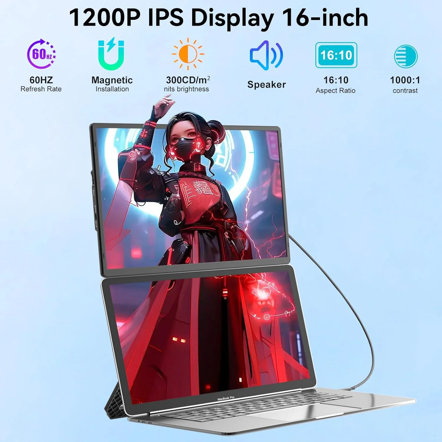 مانیتور قابل حمل، گسترش دهنده صفحه نمایش لپ تاپ 16 اینچی FHD 1200P، با پایه قابل تنظیم بالا و پایین و چرخش 360 درجه، مانیتور مسافرتی برای لپ تاپ، صفحه نمایش قابل حمل برای ویندوز/PC/Mac