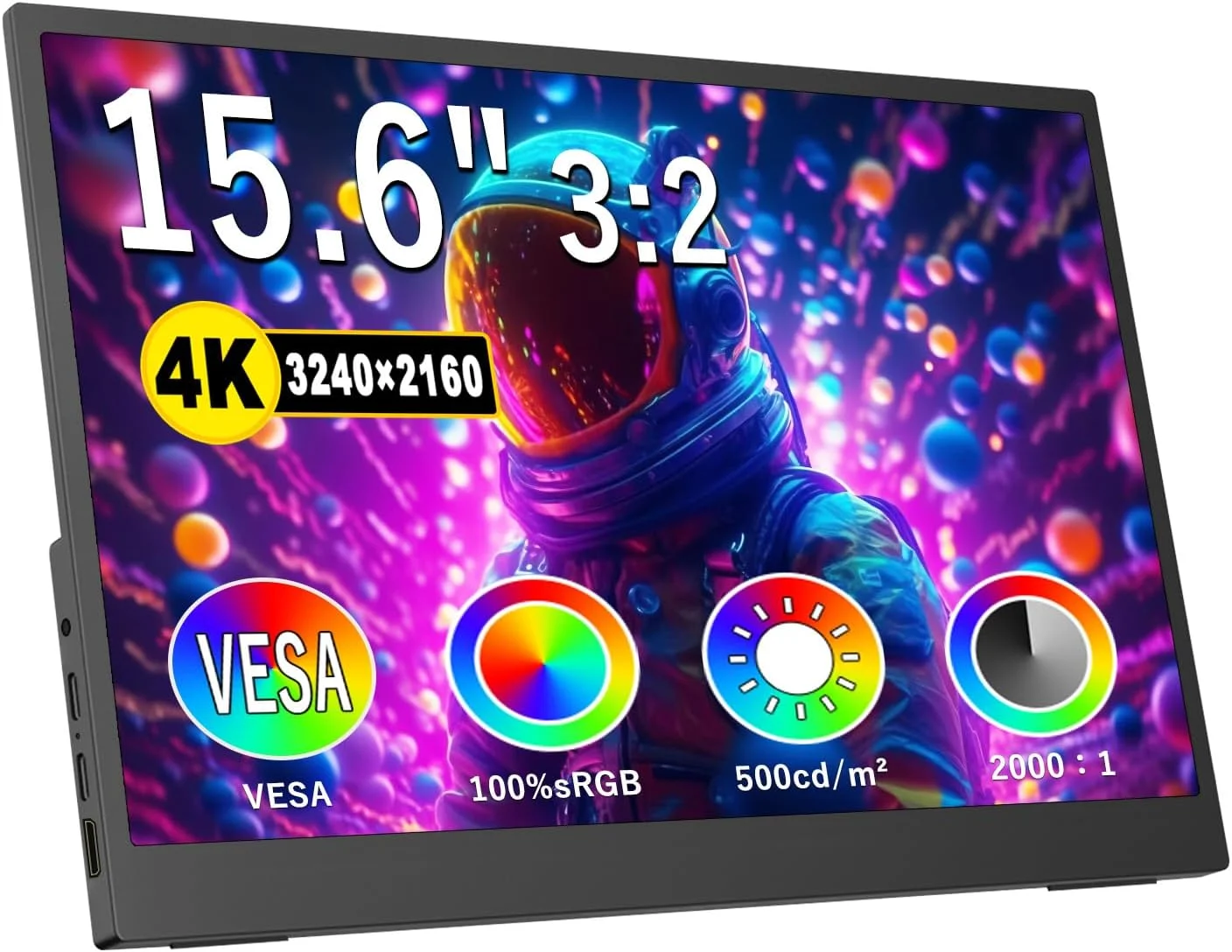 مانیتور قابل حمل 15.6 اینچی 4K، 3240 * 2160 فوق العاده باریک، نسبت کنتراست 2000:1، روشنایی 500cd، پوشش 100% sRGB با پایه قابل تنظیم 45 درجه، دارای پورت های استاندارد HDMI و USB-C، مناسب برای لپ تاپ، کامپیوتر، تلفن و مک