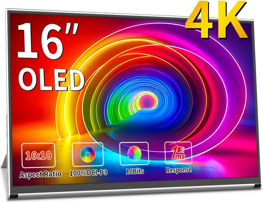 مانیتور قابل حمل OLED 4K، نمایشگر لپ تاپ قابل حمل UHD 16 اینچی، مانیتور گیمینگ OLED با پوشش 100% DCI-P3 با پورت های HDMI/USB-C، صفحه نمایش خارجی برای لپ تاپ، تلفن/سوییچ/XBOX