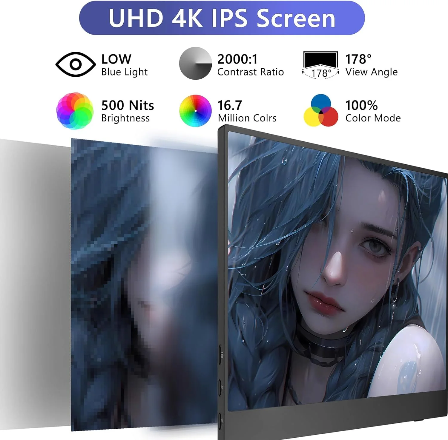 مانیتور قابل حمل 15.6 اینچی 4K، 3240 * 2160 فوق العاده باریک، نسبت کنتراست 2000:1، روشنایی 500cd، پوشش 100% sRGB با پایه قابل تنظیم 45 درجه، دارای پورت های استاندارد HDMI و USB-C، مناسب برای لپ تاپ، کامپیوتر، تلفن و مک