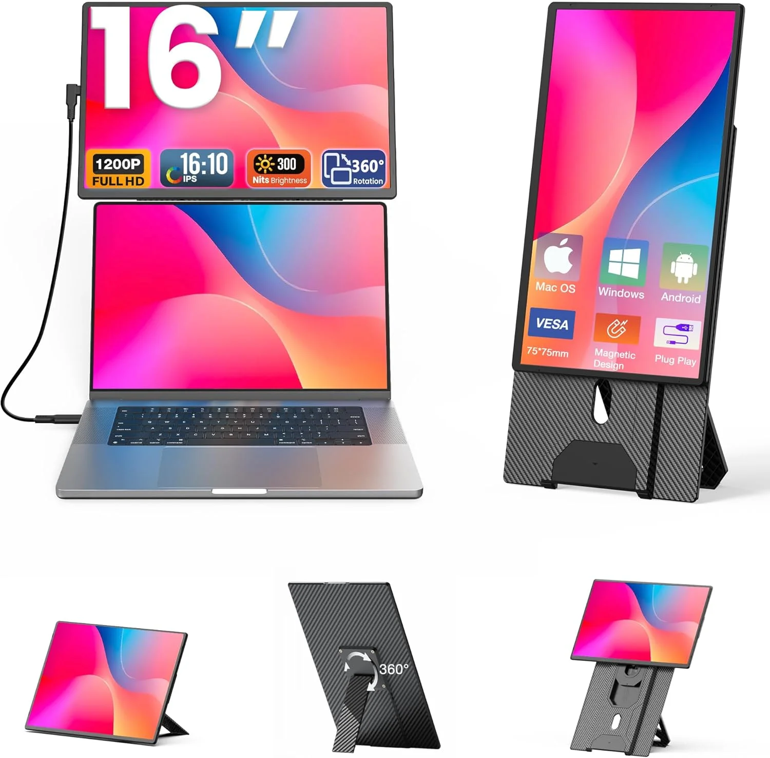 مانیتور قابل حمل Kwumsy برای لپ تاپ 16 اینچ، مانیتور لپ تاپ قابل حمل FHD 1200P، با پایه چرخان 360 درجه و صفحه نمایش جداشدنی برای مسافرت و استفاده اداری برای همه لپ تاپ ها، قابل نصب VESA