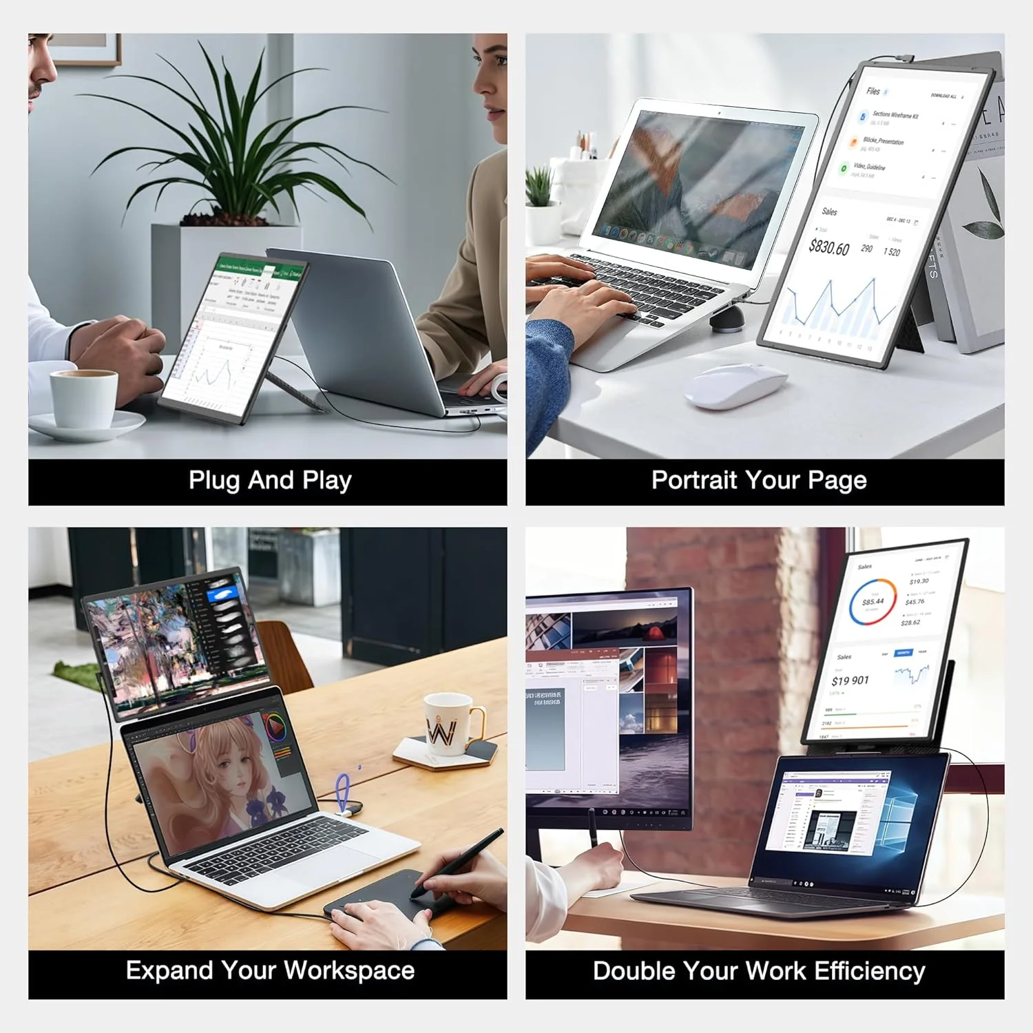 مانیتور قابل حمل Kwumsy برای لپ تاپ 16 اینچ، مانیتور لپ تاپ قابل حمل FHD 1200P، با پایه چرخان 360 درجه و صفحه نمایش جداشدنی برای مسافرت و استفاده اداری برای همه لپ تاپ ها، قابل نصب VESA
