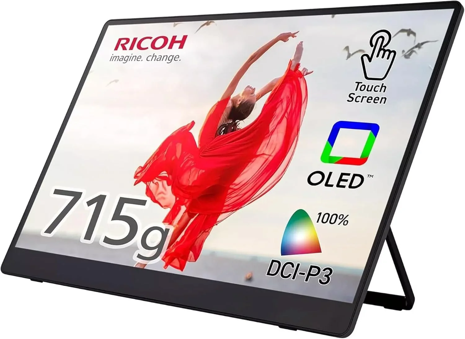 مانیتور قابل حمل بی‌سیم 15.6 اینچی Ricoh 150BW، رزولوشن 1920x1080، OLED، USB C، سبک وزن با صفحه لمسی و 2 بلندگوی داخلی، صفحه نمایش قابل حمل خارجی برای لپ تاپ/کامپیوتر/تلفن