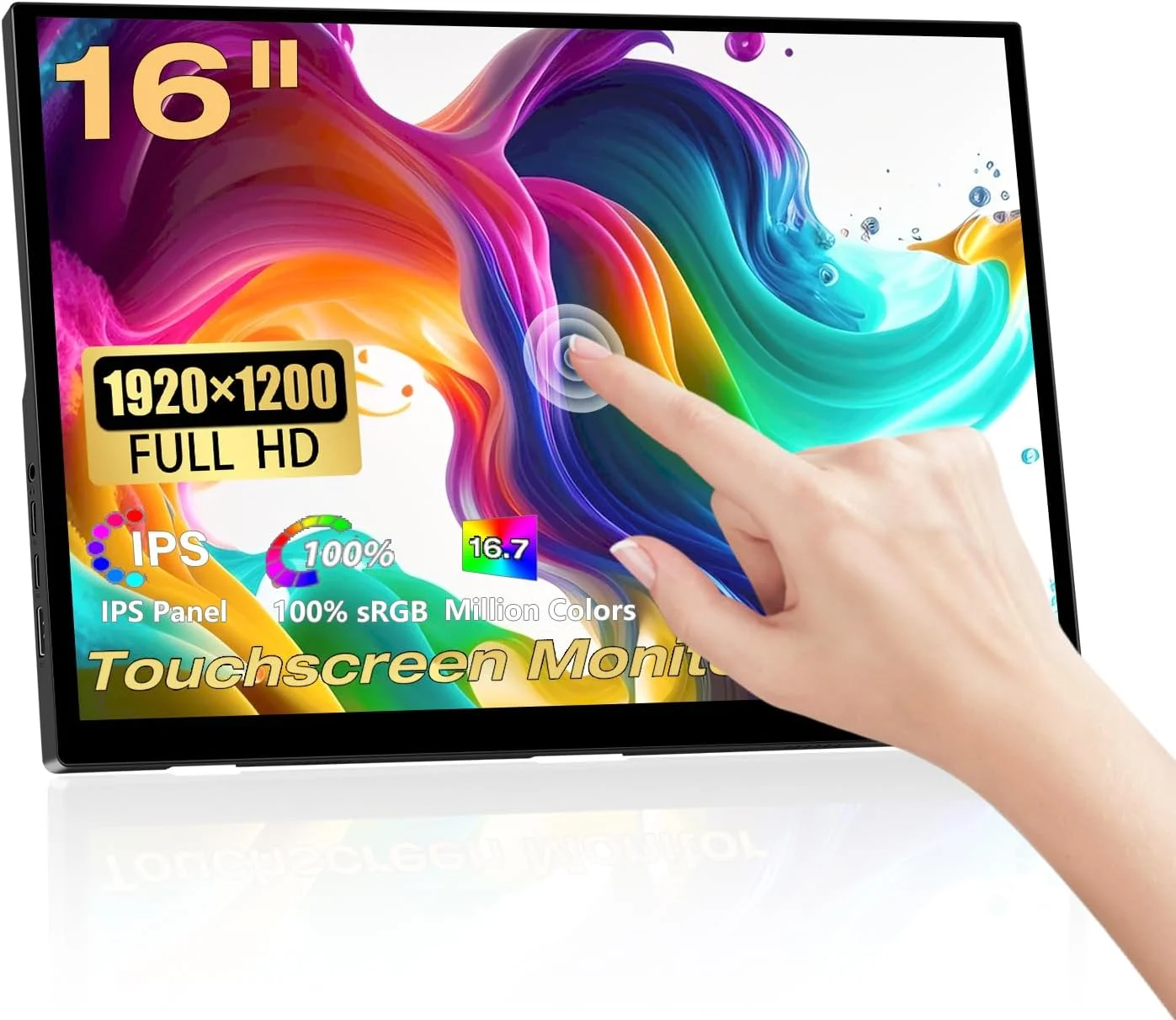 مانیتور لمسی قابل حمل 16 اینچی با رزولوشن 1920X1200P، نمایشگر IPS با پورت های HDMI و USBC، روشنایی 300cd/m²، مانیتور اکسترنال برای لپ تاپ، کامپیوتر، تلفن و ایکس باکس