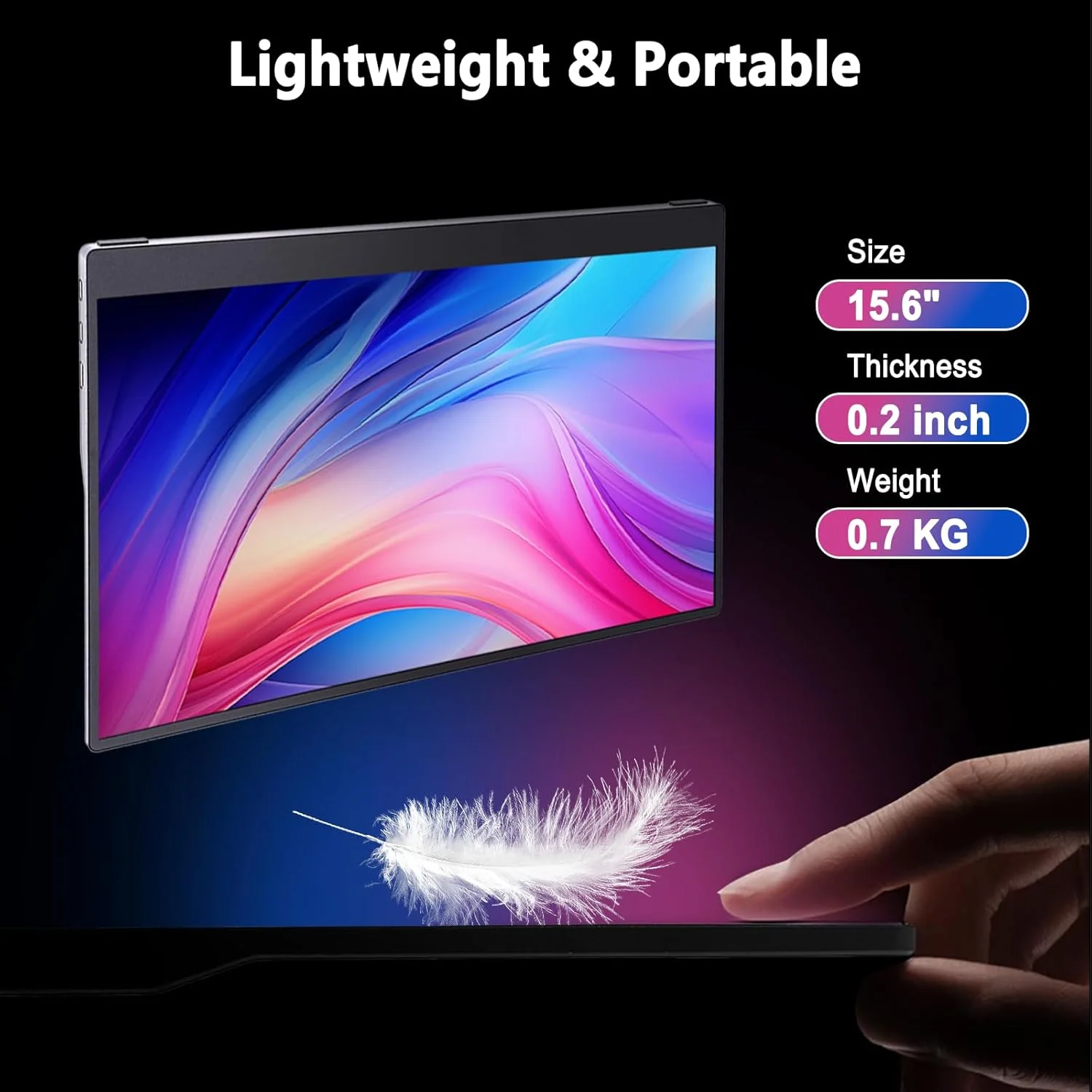مانیتور قابل حمل 15.6 اینچی QiMeng، رزولوشن FHD 1920x1080، مجهز به رابط های USB Type-C و HDMI، پشتیبانی از HDR، دارای کاور هوشمند، بلندگوهای داخلی (اندازه و استایل)