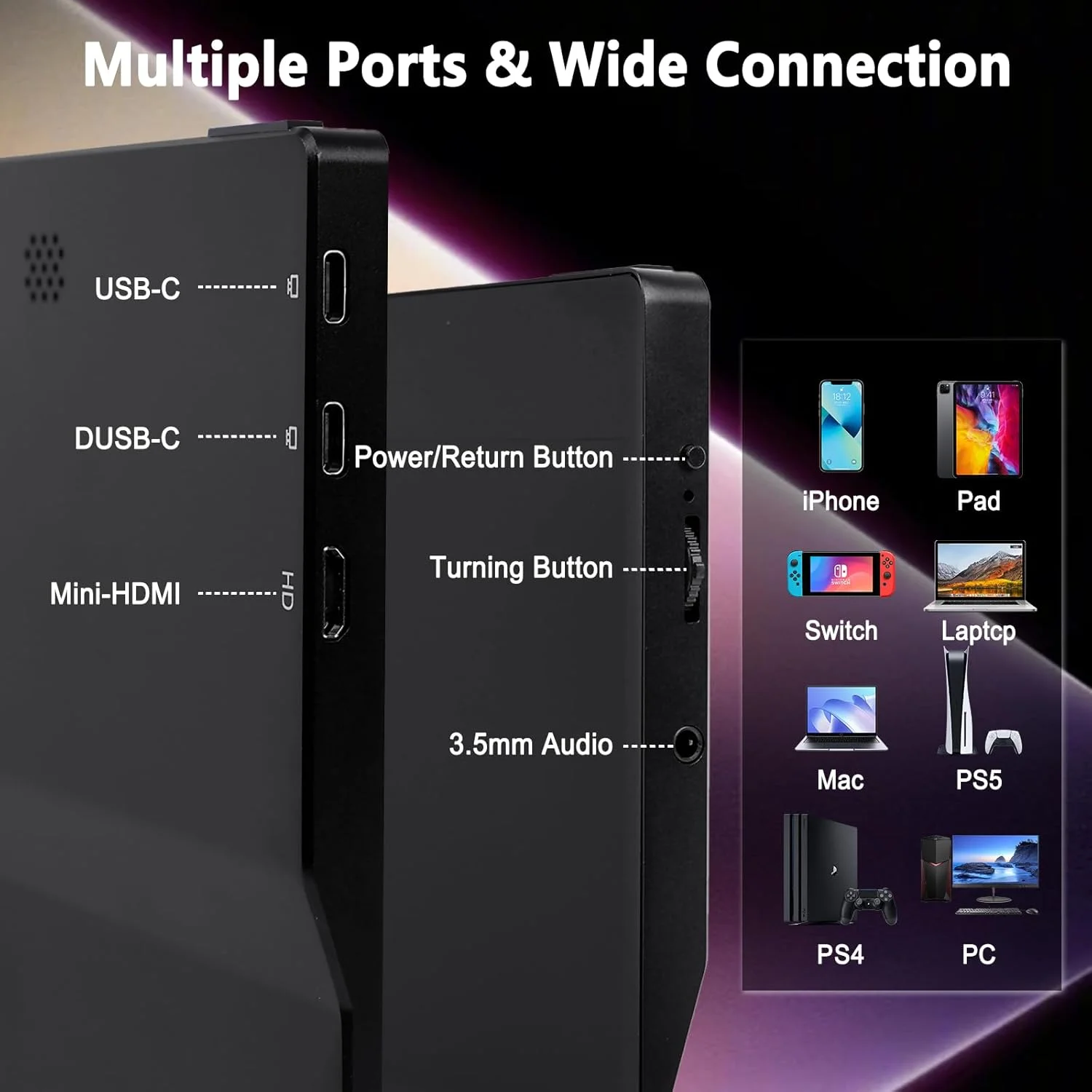 مانیتور قابل حمل 15.6 اینچی QiMeng، رزولوشن FHD 1920x1080، مجهز به رابط های USB Type-C و HDMI، پشتیبانی از HDR، دارای کاور هوشمند، بلندگوهای داخلی (اندازه و استایل)