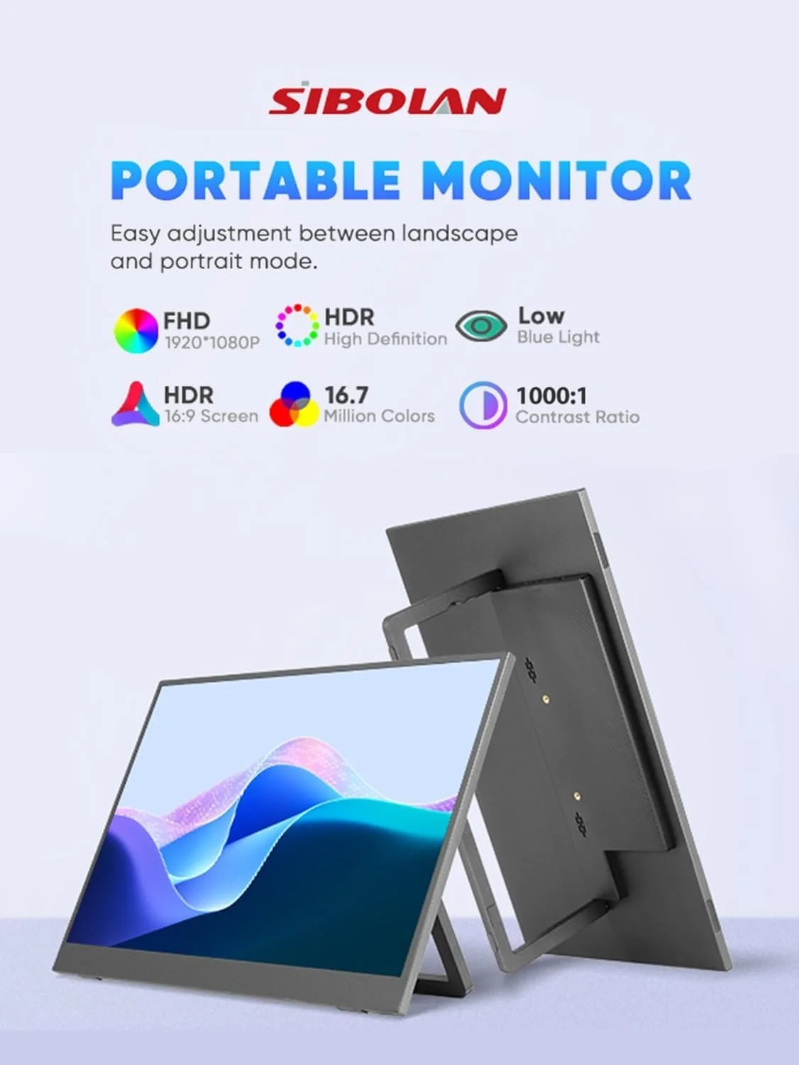 مانیتور قابل حمل 18.5 اینچی فول اچ دی با کاور هوشمند و HDR، اتصال USB-C و HDMI - ایده آل برای لپ تاپ، کامپیوتر، تلفن، مک، بازی و مسافرت