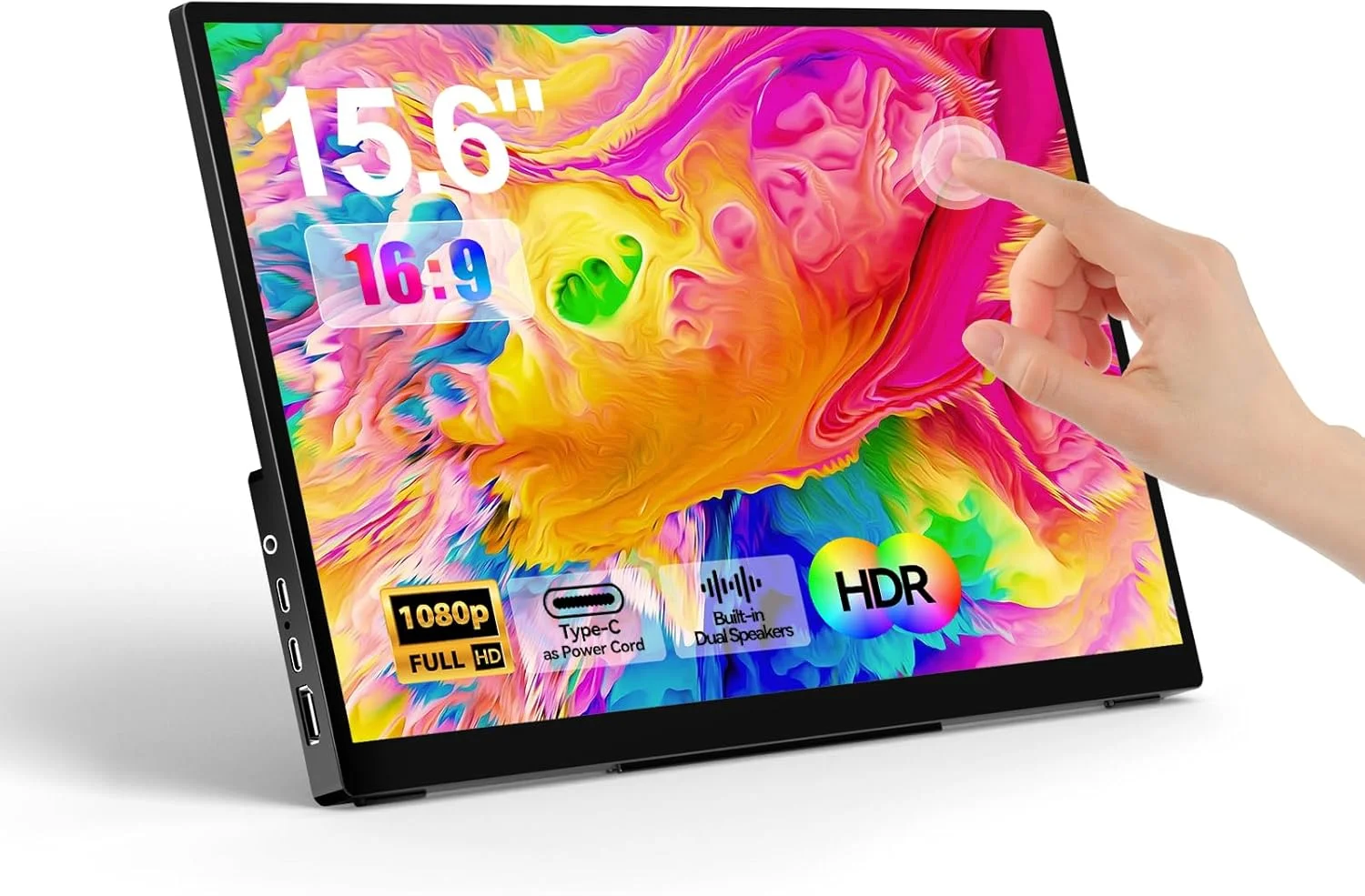مانیتور لمسی قابل حمل 15.6 اینچی 1080P FHD IPS، نمایشگر بازی لمسی 10 نقطه ای با بلندگوهای دوگانه و پایه، صفحه نمایش خارجی USB-C HDMI برای لپ تاپ، مک بوک، تلفن، PS5، سوییچ