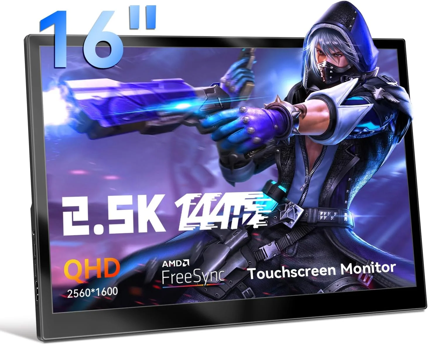 مانیتور لمسی قابل حمل گیمینگ ۱۶ اینچ QHD 2.5K (2560x1600) با نرخ تازه‌سازی ۱۴۴ هرتز (پورت USB C) و پنل IPS، مانیتور گیمینگ برای کامپیوتر، لپ‌تاپ، رزبری پای، PS4 و PS5، دارای بلندگوهای داخلی HDMI و USB C