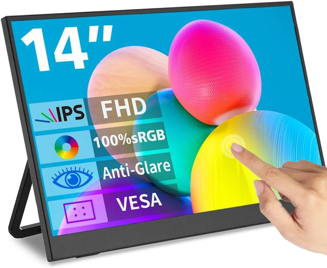 مانیتور قابل حمل لمسی ۱۴ اینچ، USB-C و نمایشگر خارجی FHD با پوشش ۱۰۰% sRGB، ضد انعکاس نور و محافظت از چشم، کم مصرف، قابلیت نصب VESA، مانیتور مسافرتی برای لپ تاپ/مک/بازی/اداری