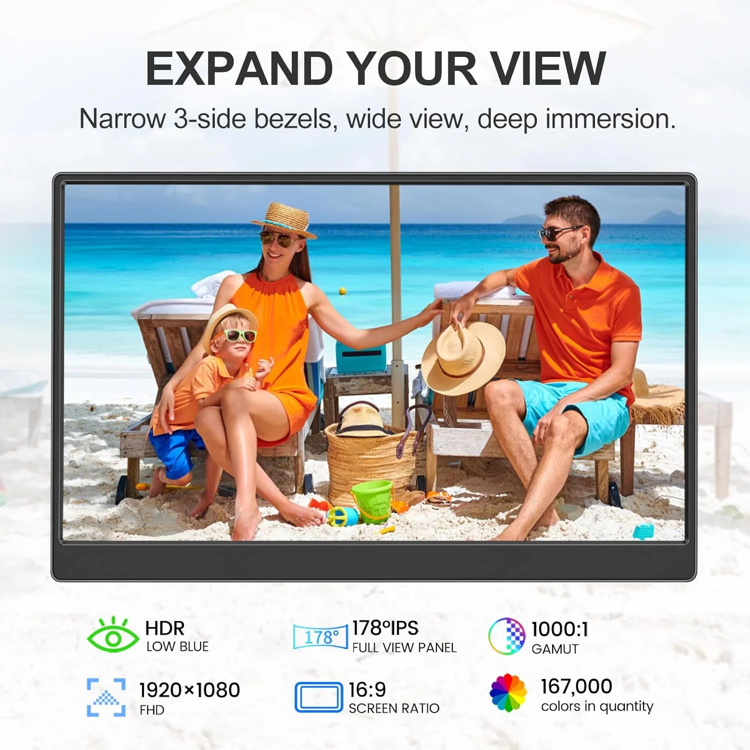 مانیتور قابل حمل 15.6 اینچی FHD 1080P فوق العاده باریک، مانیتور خارجی مسافرتی HDR IPS با پایه و بلندگو، USB-C HDMI Plug&Play، برای لپ تاپ، کامپیوتر، تلفن، PS4/5، ایکس باکس، سوییچ