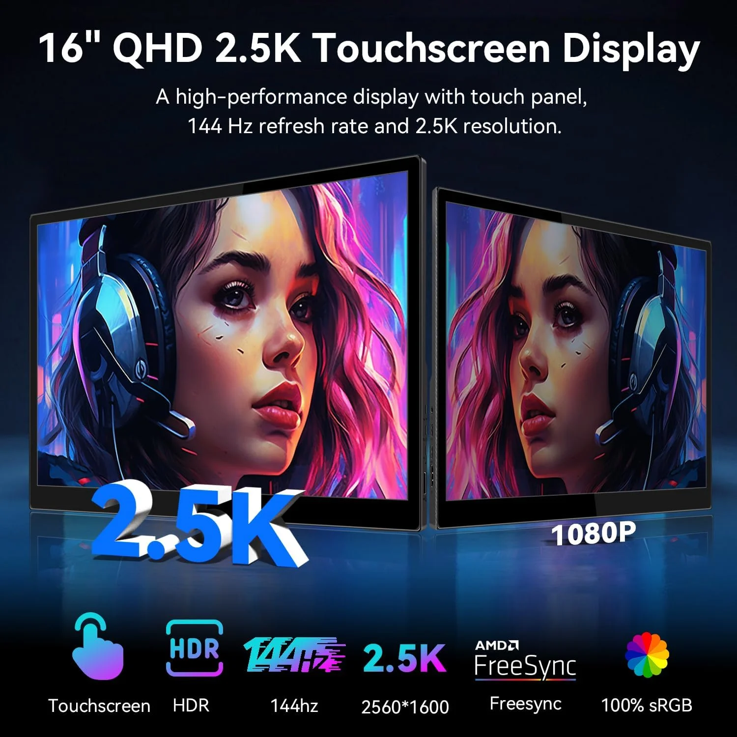 مانیتور لمسی قابل حمل گیمینگ ۱۶ اینچ QHD 2.5K (2560x1600) با نرخ تازه‌سازی ۱۴۴ هرتز (پورت USB C) و پنل IPS، مانیتور گیمینگ برای کامپیوتر، لپ‌تاپ، رزبری پای، PS4 و PS5، دارای بلندگوهای داخلی HDMI و USB C