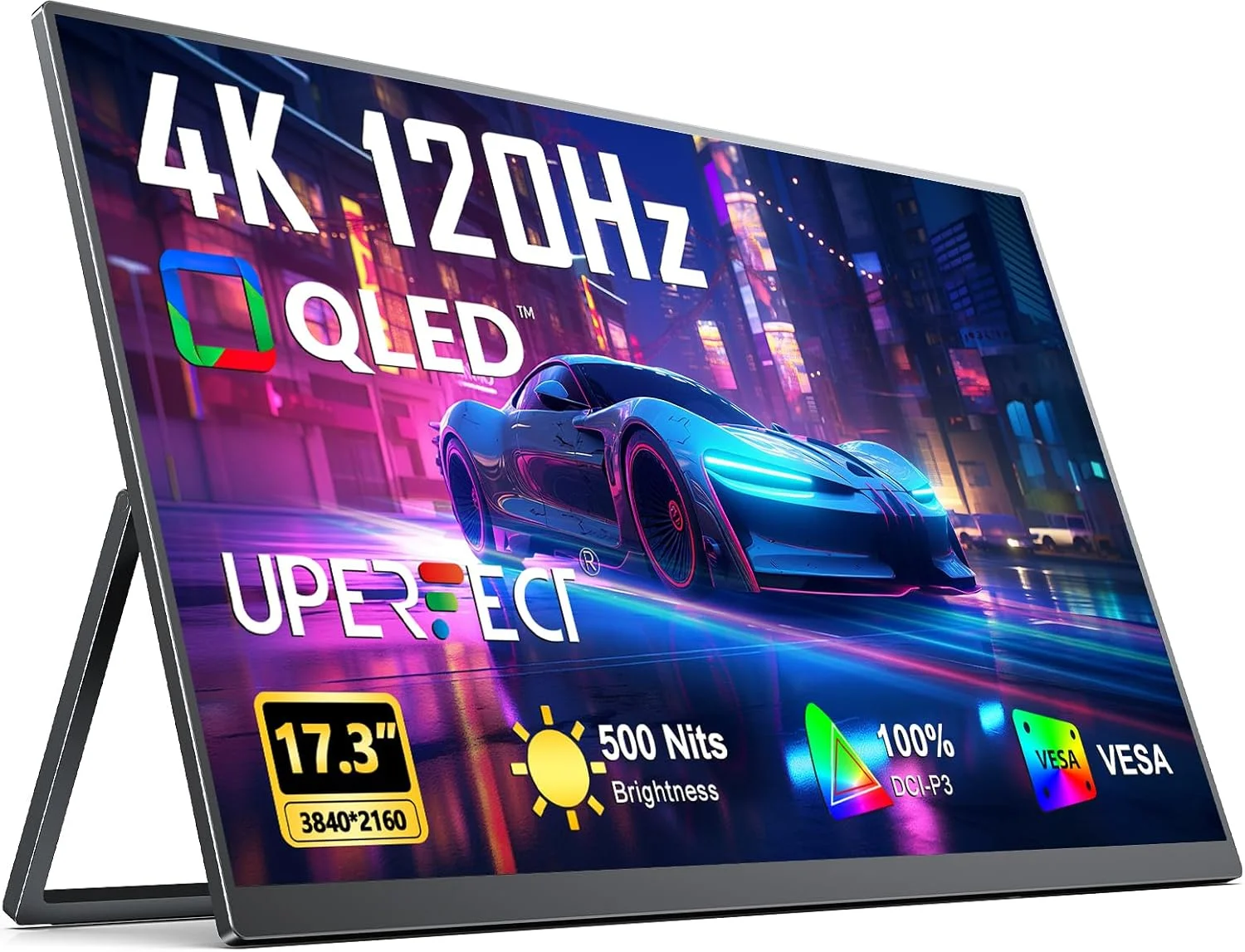 مانیتور قابل حمل 4K با نرخ نوسازی 120 هرتز UPERFECT، صفحه نمایش 17.3 اینچی QLED | زمان پاسخگویی 0.1 میلی‌ثانیه، روشنایی 500 نیت | رزولوشن 3840 در 2160 UHD | پوشش 100% فضای رنگی DCI-P3 | پورت USB-C و HDMI | قابلیت نصب VESA و دارای پایه | صفحه نمایش مسافرتی برای لپ تاپ، کامپیوتر و کنسول های بازی